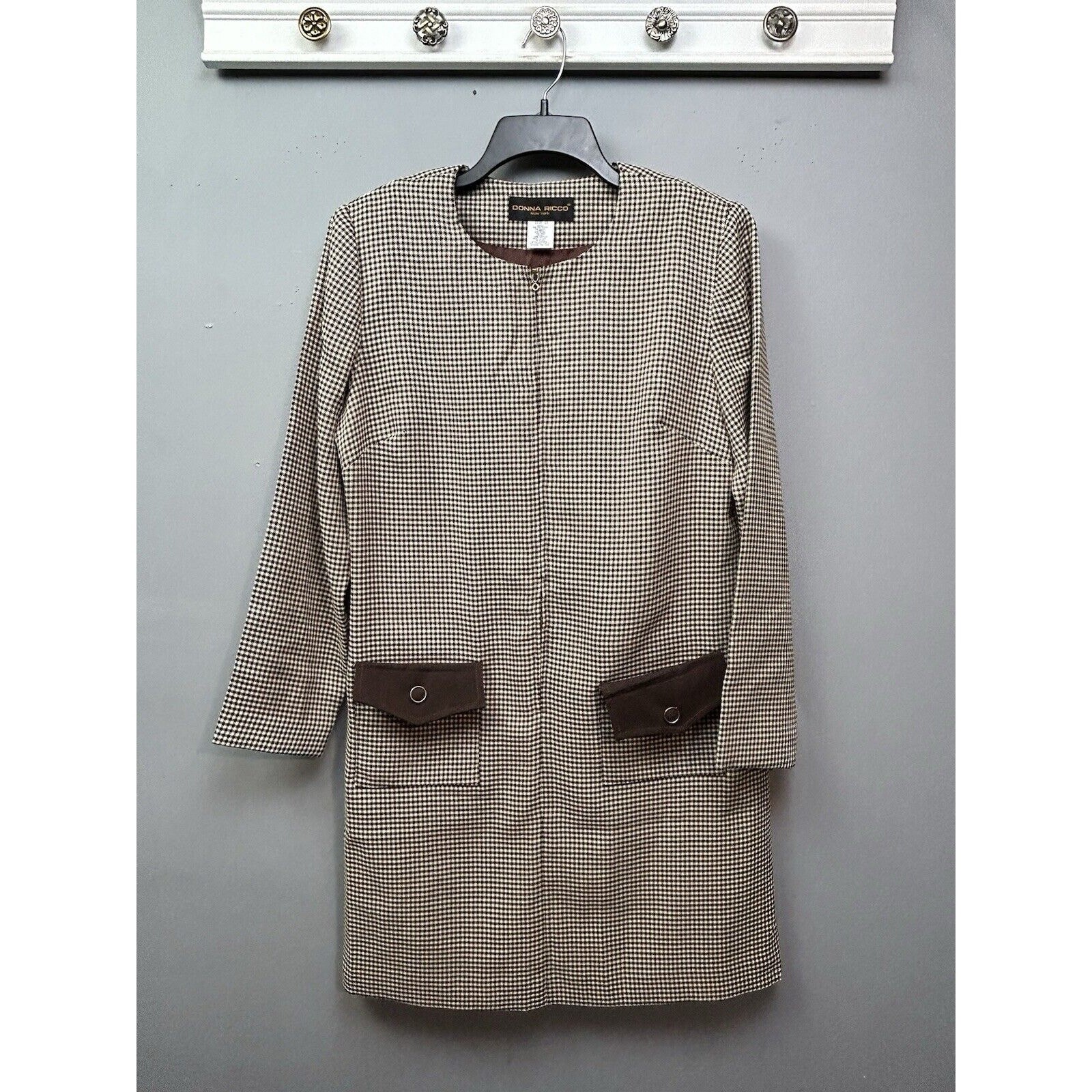 VTG Donna Ricco Sheath Dress Womens Size 12 Brown Houndstooth Wool Pockets Zip