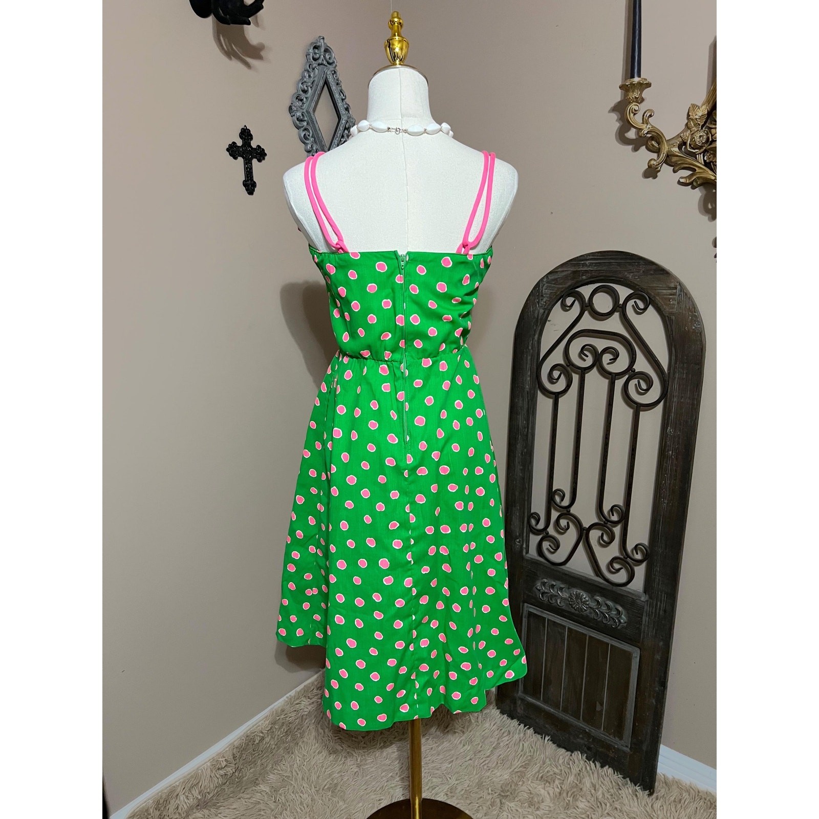 Vintage 60s 70s Green & Pink Polka Dot Tank Sundress Colorful Retro Mod Size S