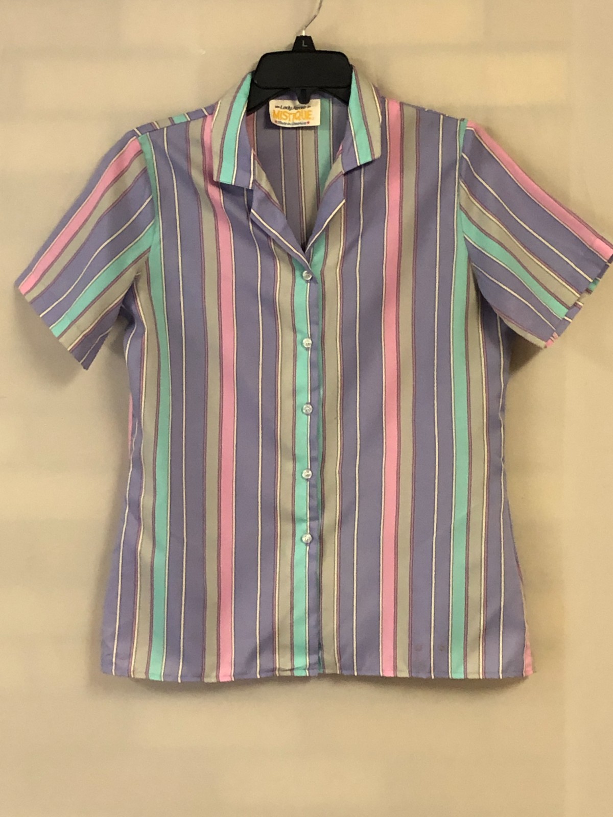 Vtg 70s Lady Arrow Mistique Blouse Size 10 Striped Button Down Short Sleeve Top