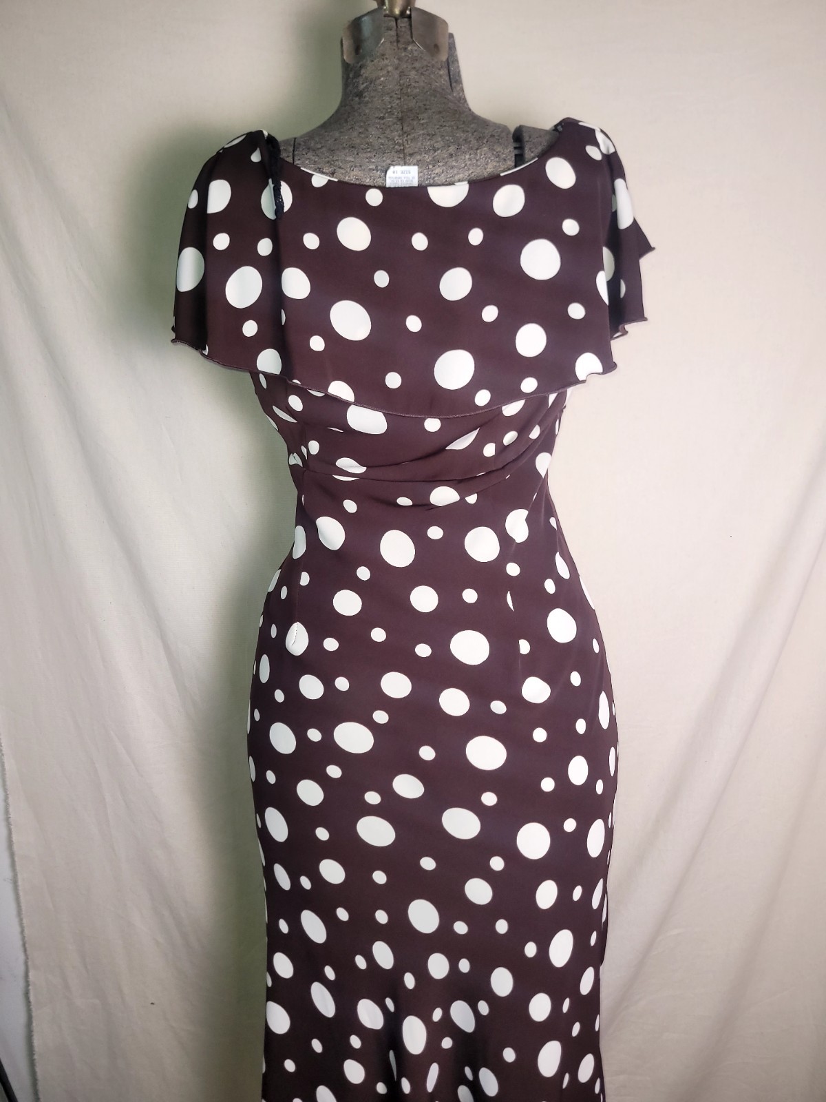 Vintage 80s 90s S.L Fashions Brown White Polka Dot Midi Maxi Dress Ruffles Vneck