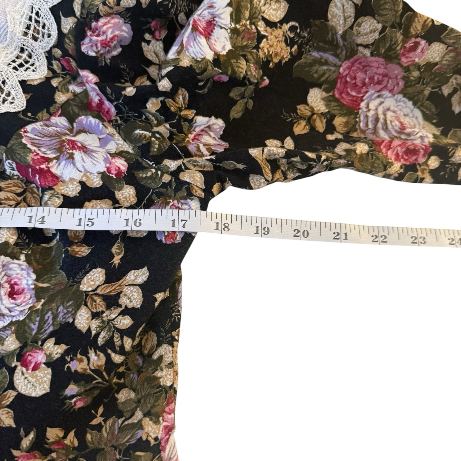 Vintage 80s Dark Cottagecore Black Floral Midi Dress Size Large Lace Prairie