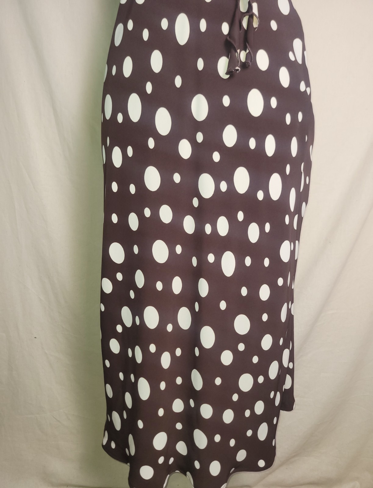 Vintage 80s 90s S.L Fashions Brown White Polka Dot Midi Maxi Dress Ruffles Vneck