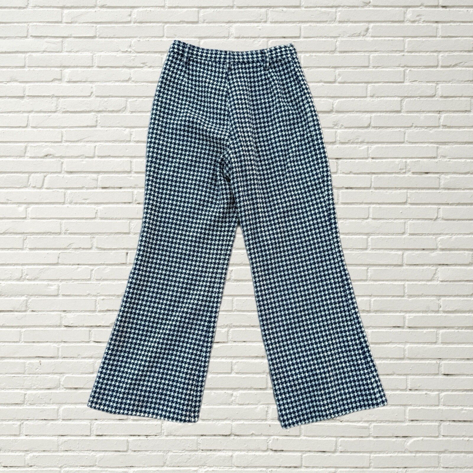 Vintage 70s Wool Houndstooth Flare Pants- Cream And Blue Hippie