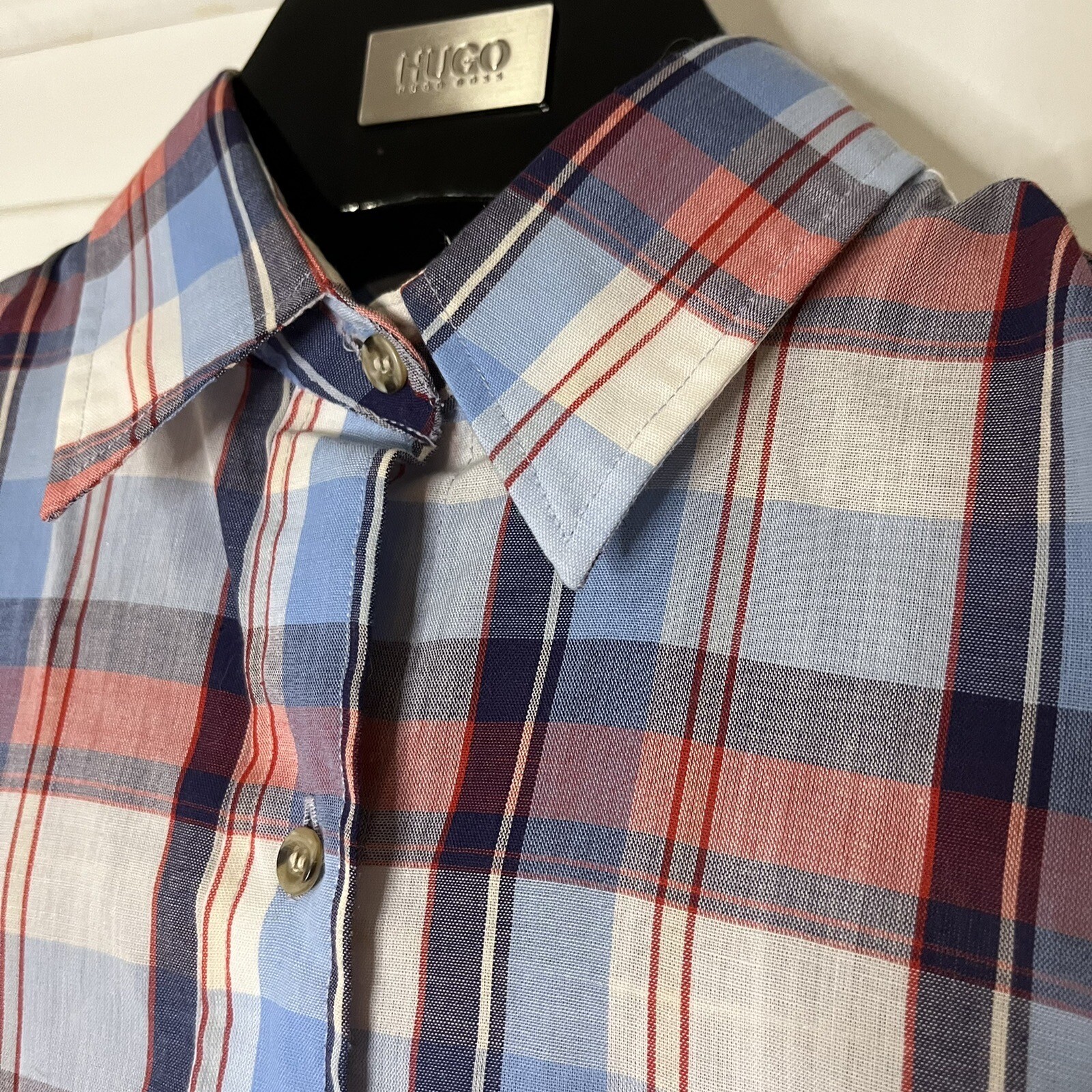 Vintage 80s Red White Blue Plaid Short Sleeve Button Up Shirt