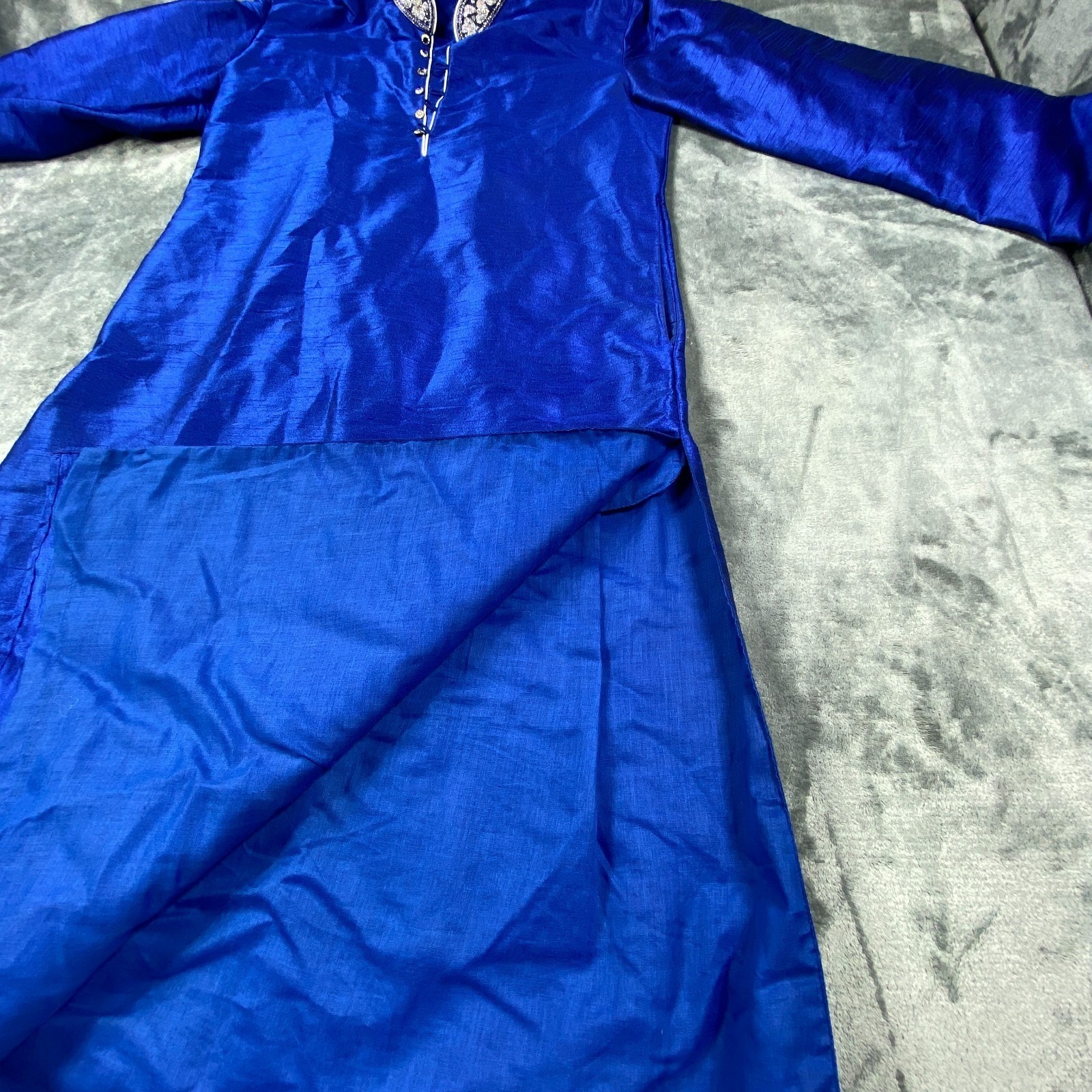 Vintage Royal Blue Embroidered Kaftan Dress Women L Formal Studded Regal Pockets