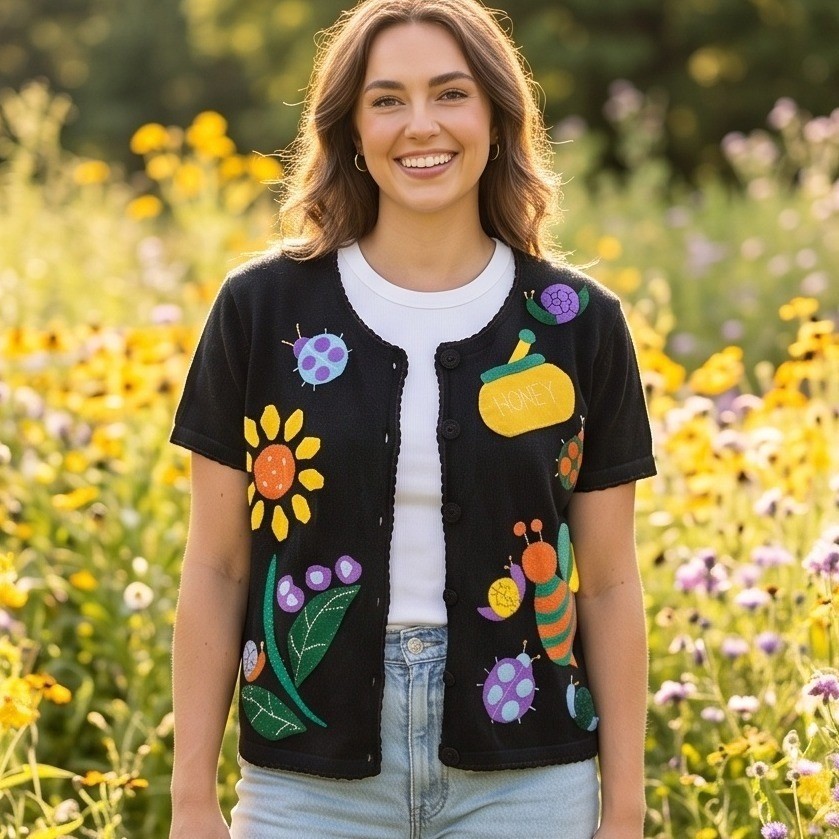 Side Effects of California XL Vintage 90s Garden Bee Snail Cardigan Black NWT