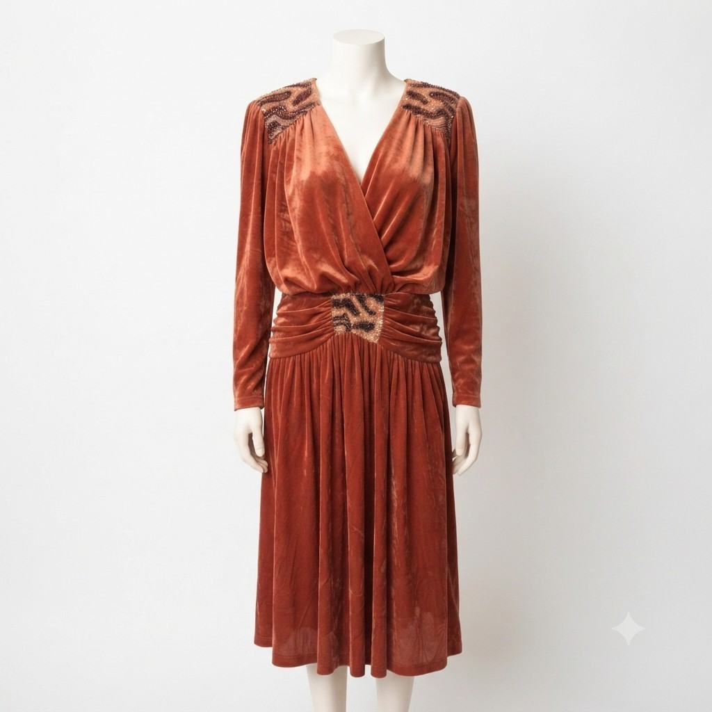 Vintage 80s Rust Velvet Dress 10 Beaded Disco Studio 54 Draped Rare John Charles