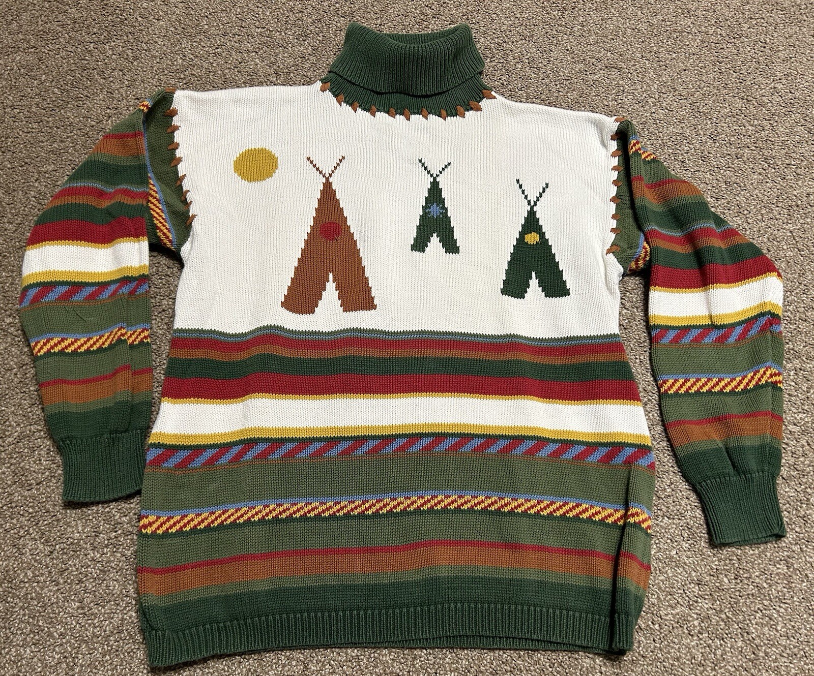 Vintage 1990 The Eagle’s Eye Hand Knit Colorful Teepee Turtleneck Sweater Large