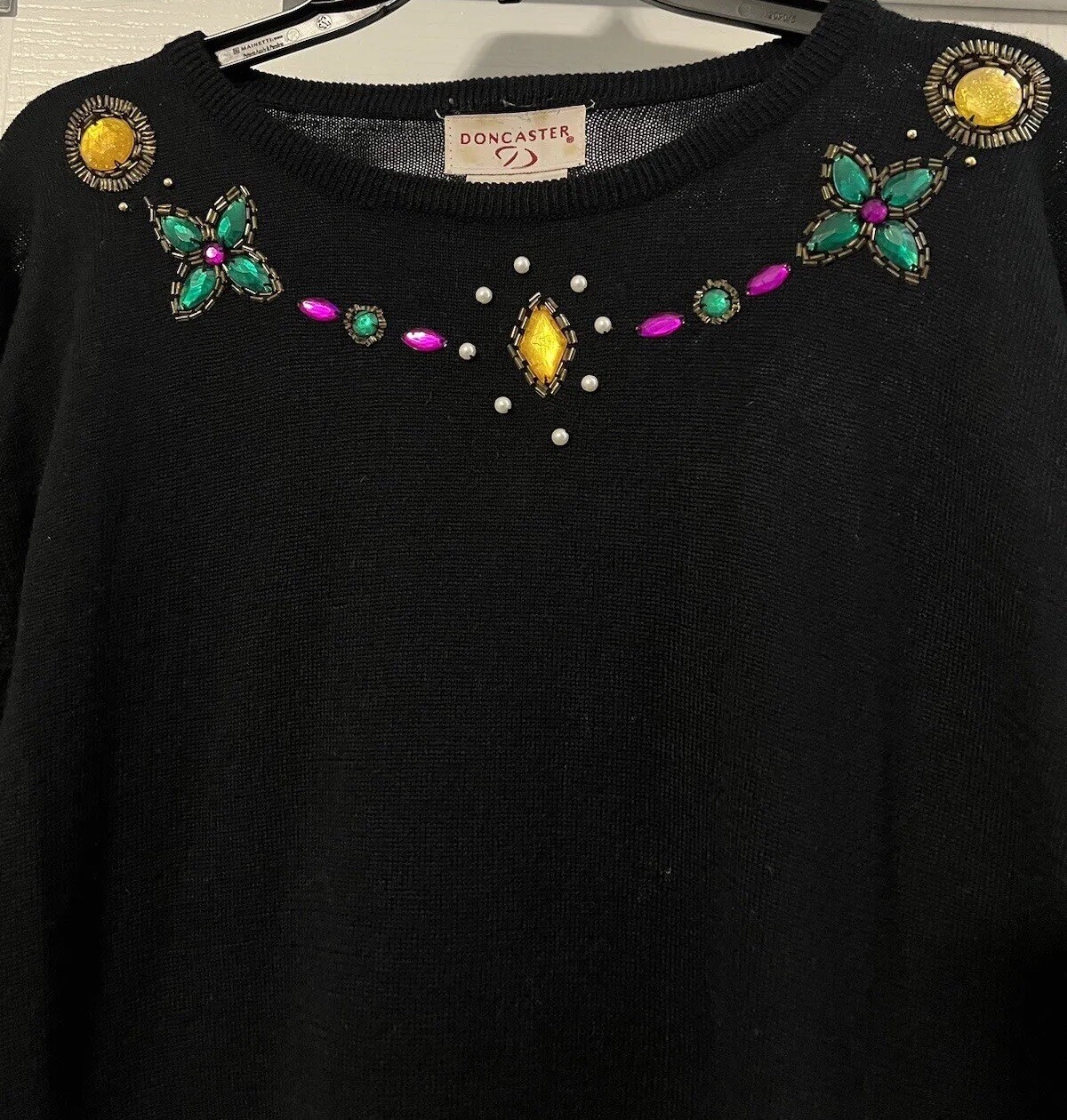 VTG Doncaster Sweater Women LG Black Bedazzled Neckline Wool Blend Castlecore