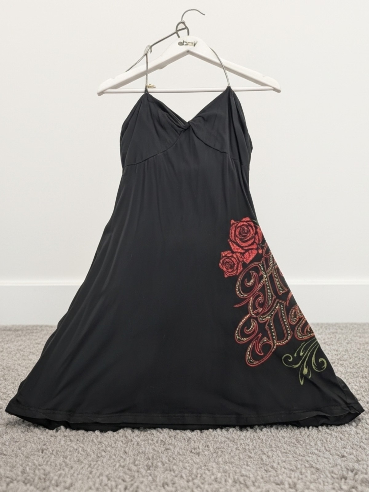 Y2K Harley-Davidson Black Label Halter Dress Rhinestone Rose Graphic Moto Sz M