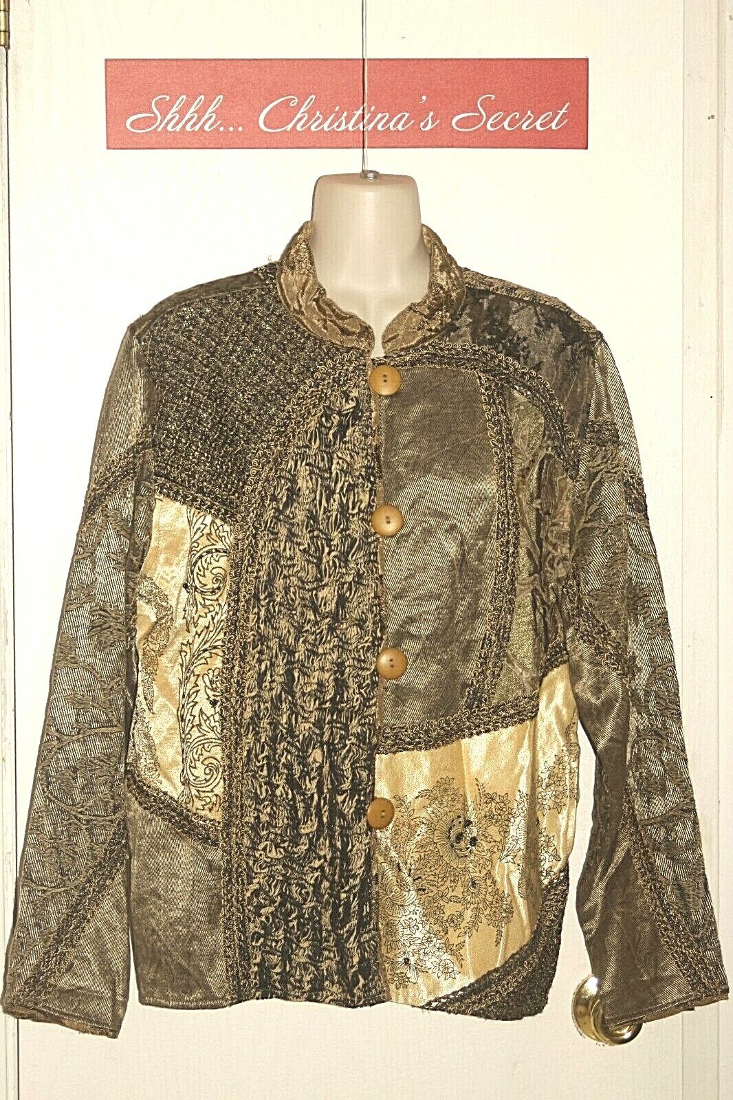 VINTAGE FLASHBACK Jacket Beige Black Boho Patchwork Jacquard Embellished Sz M