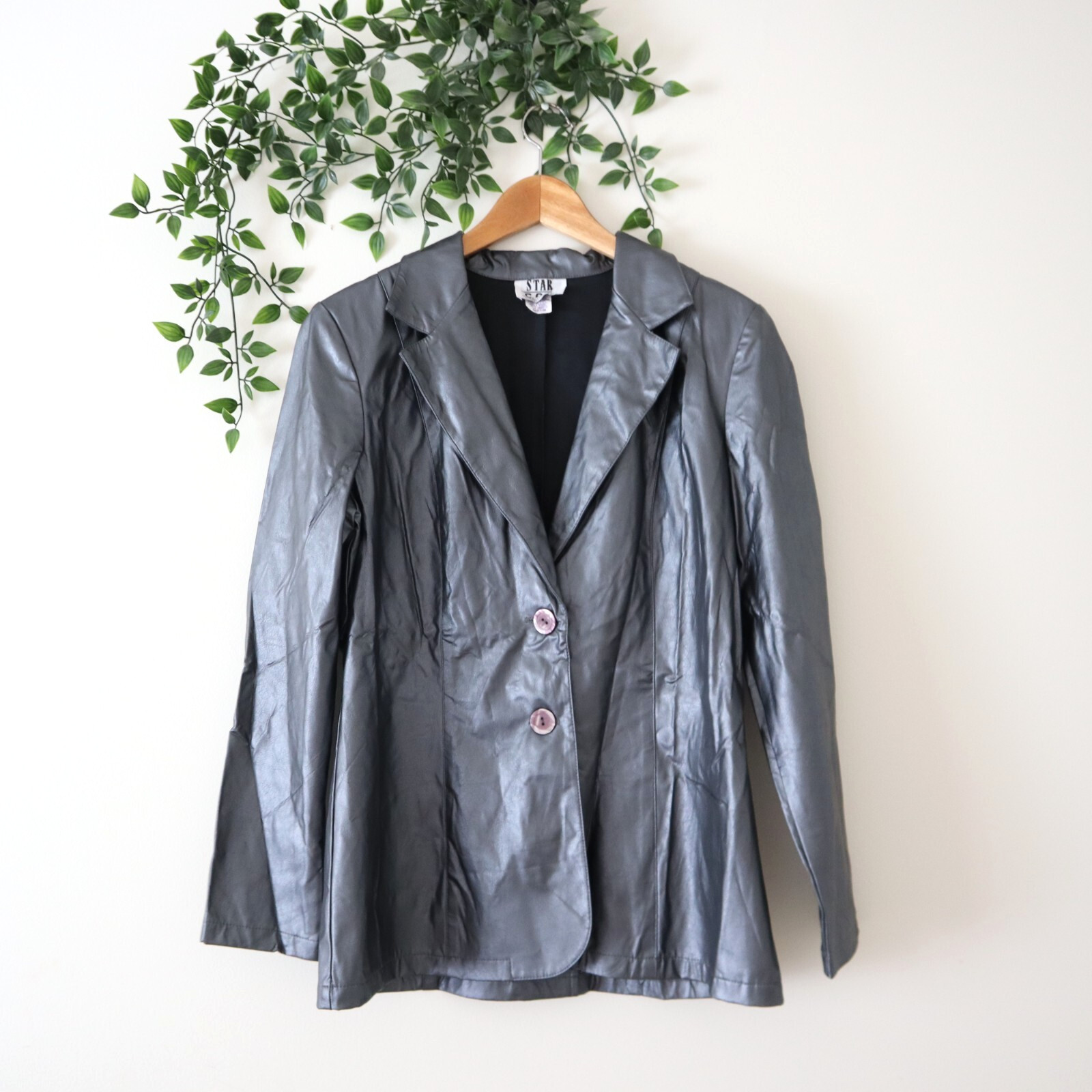 Vintage 1990s Y2K Faux Leather Jacket Size Medium Silver Gray Blazer Made In USA