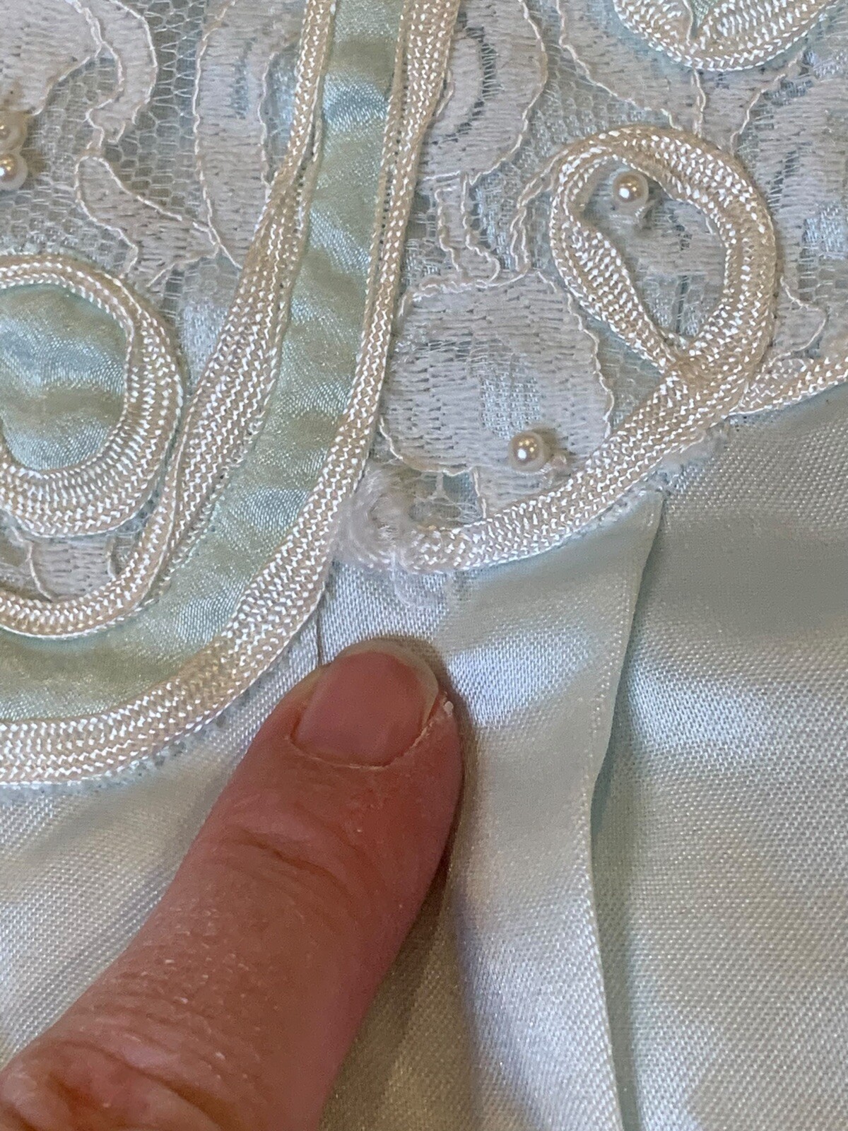 Natori Vintage Satin Nightgown Light Blue Lace Embellishment Faux Pearl Buttons