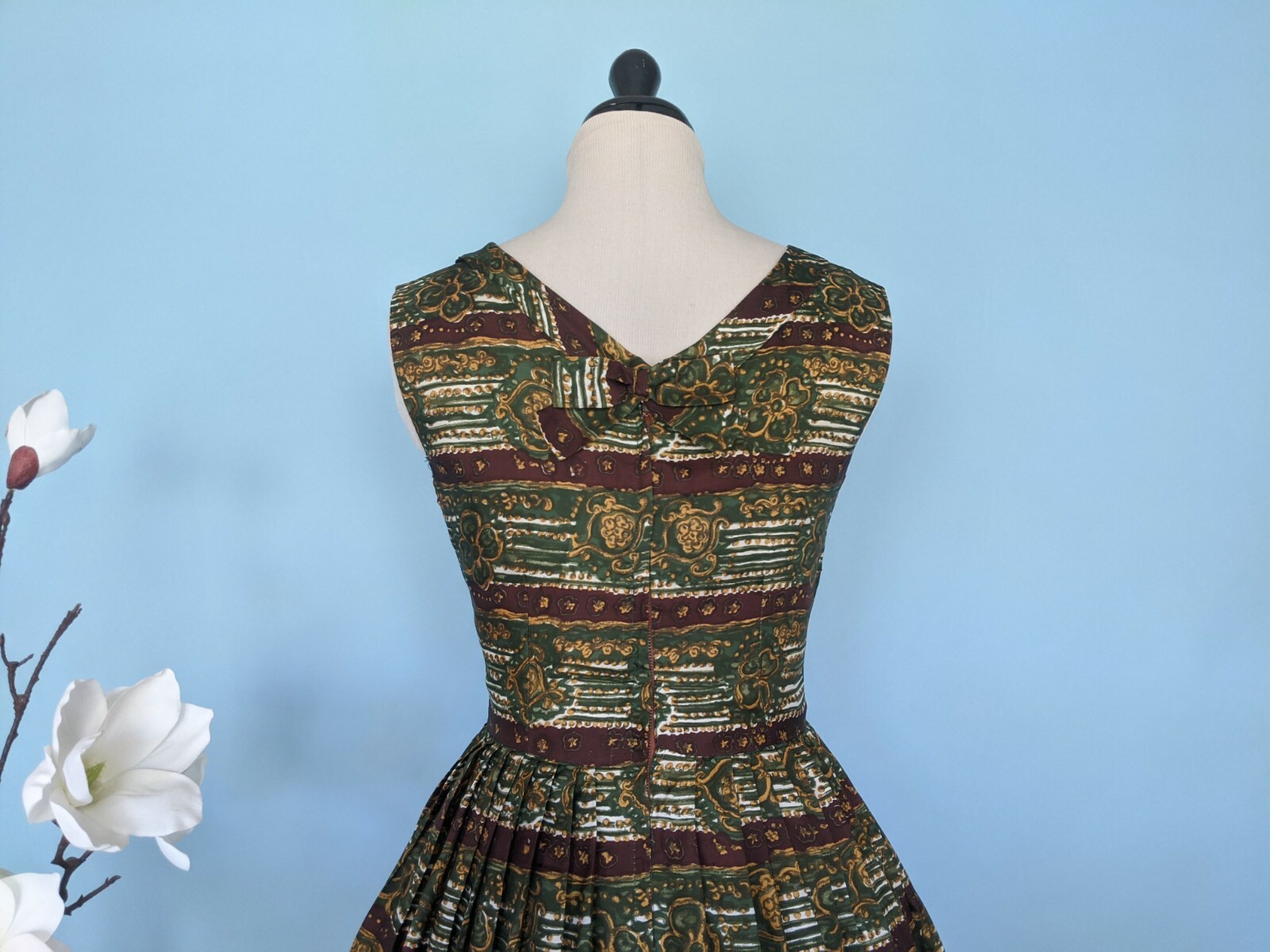 Vintage 50s Novelty Print Silk Day Dress, 1950s Striped Party Dress