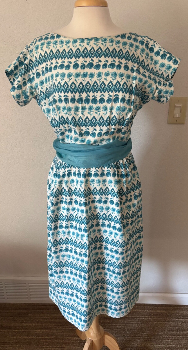 Vintage 60s Pat Premo California Dress Turquoise Blue and Ivory w/ Chiffon Sash