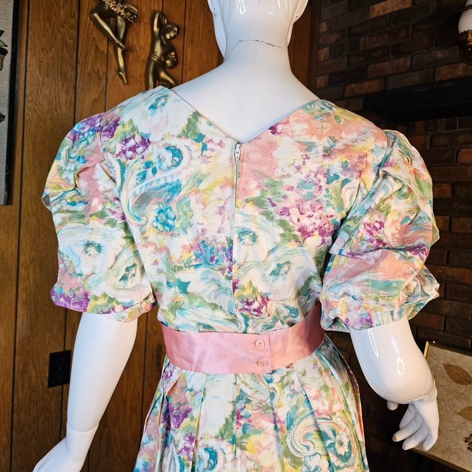 Vtg 80s Fever Dream Floral Romantic Garden Party Belted Bow Volup Tea Dress M/L