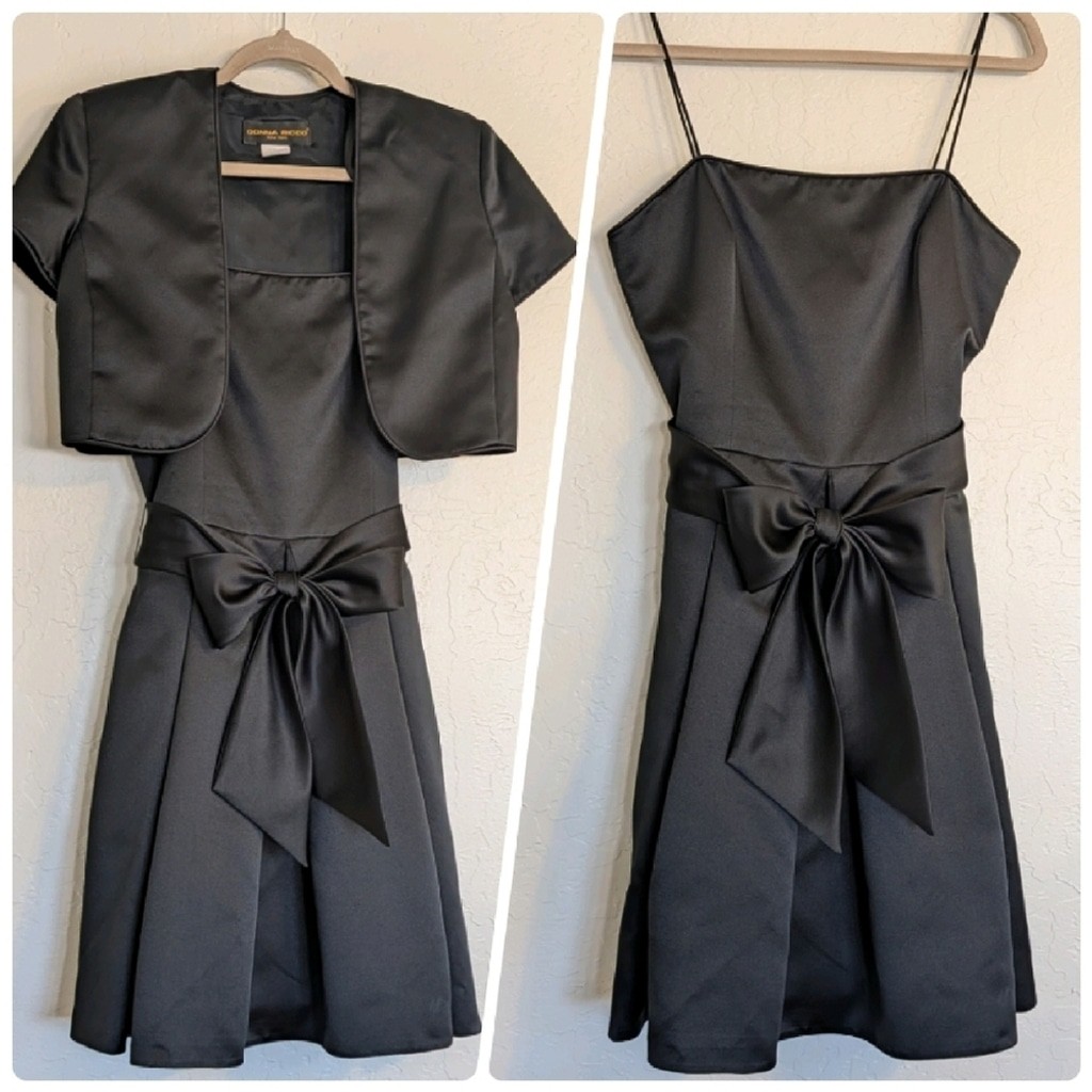 VTG LBD Two Piece Satin Bow Dress Bolero Jacket Cocktail Evening Formal Midi