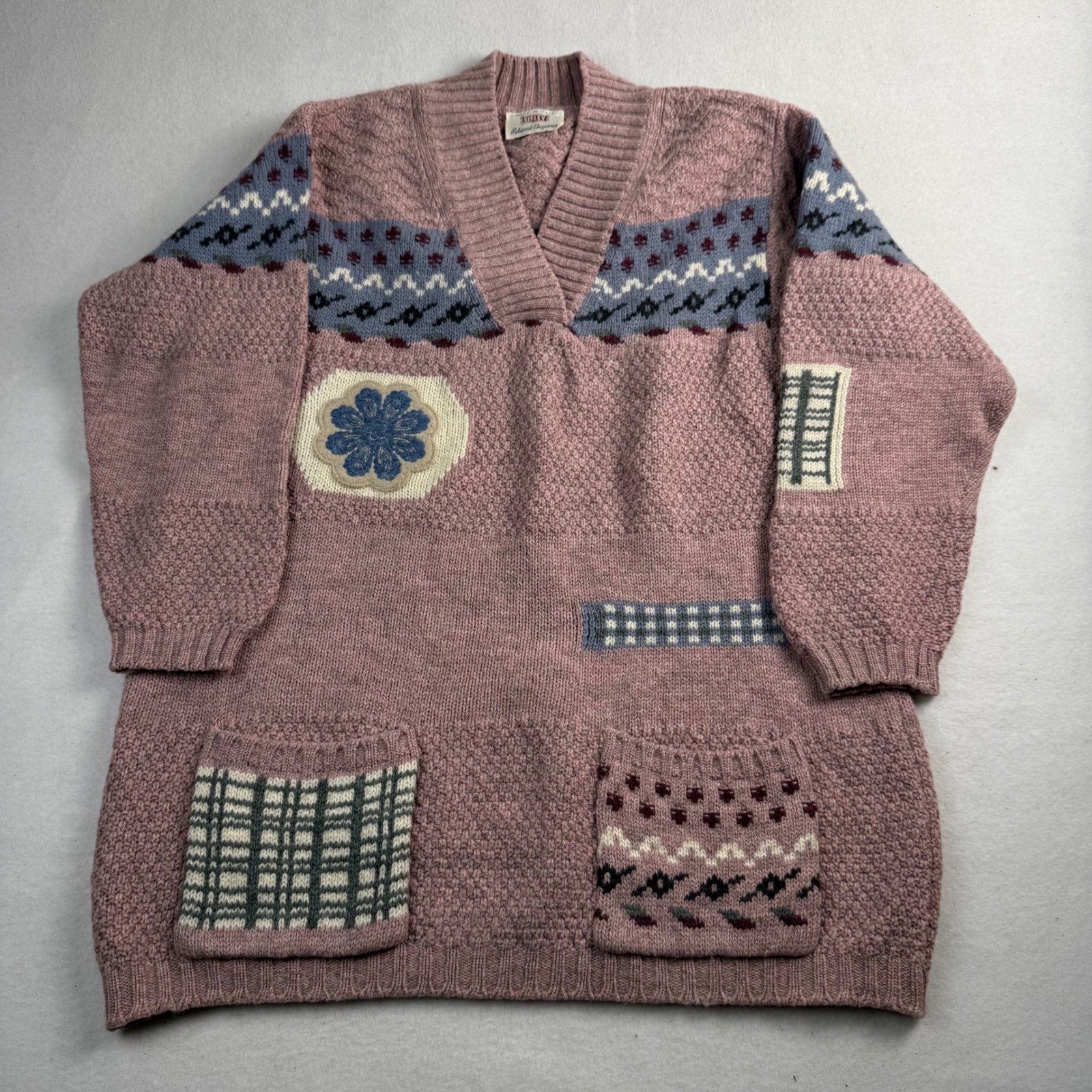 Vintage Sisley Made in Italy Patchwork Knit Sweater Mauve Pink V-Neck Pullover