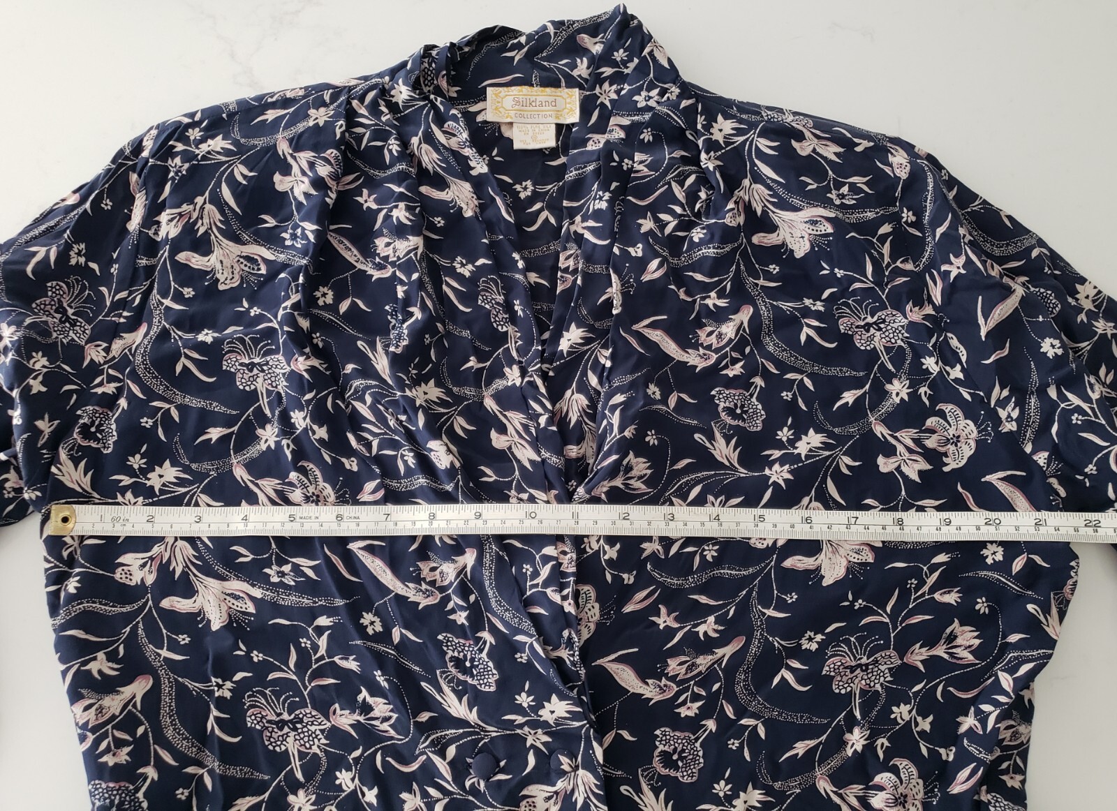 Silkland Vintage Size 10 Crossover Silk Blouse Blue White Floral Long Sleeve NWT