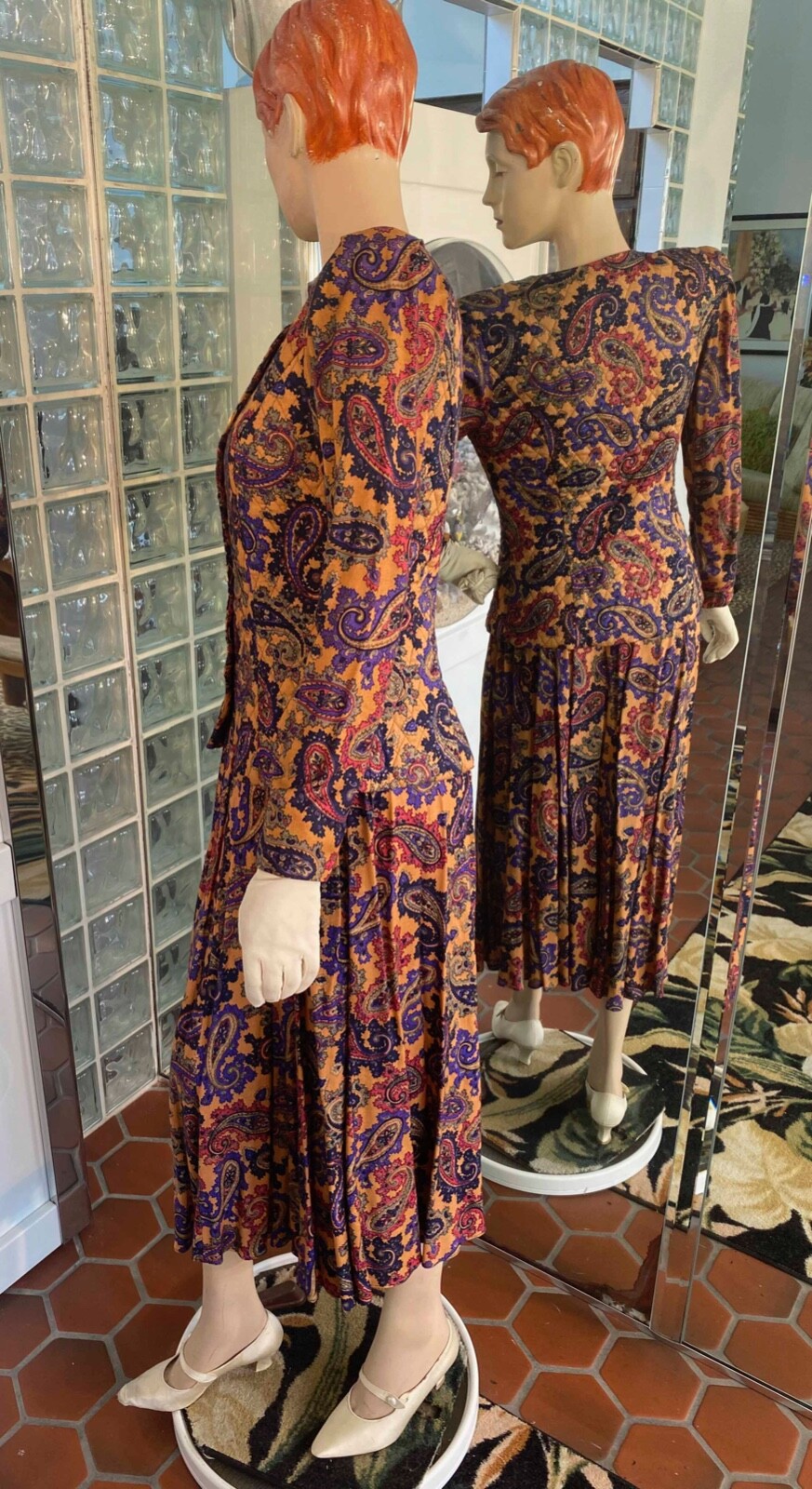 VTG 90s Jeffrey & Dara Suit Dress S Autumn Paisley 2pc Pleat Skirt Secretary