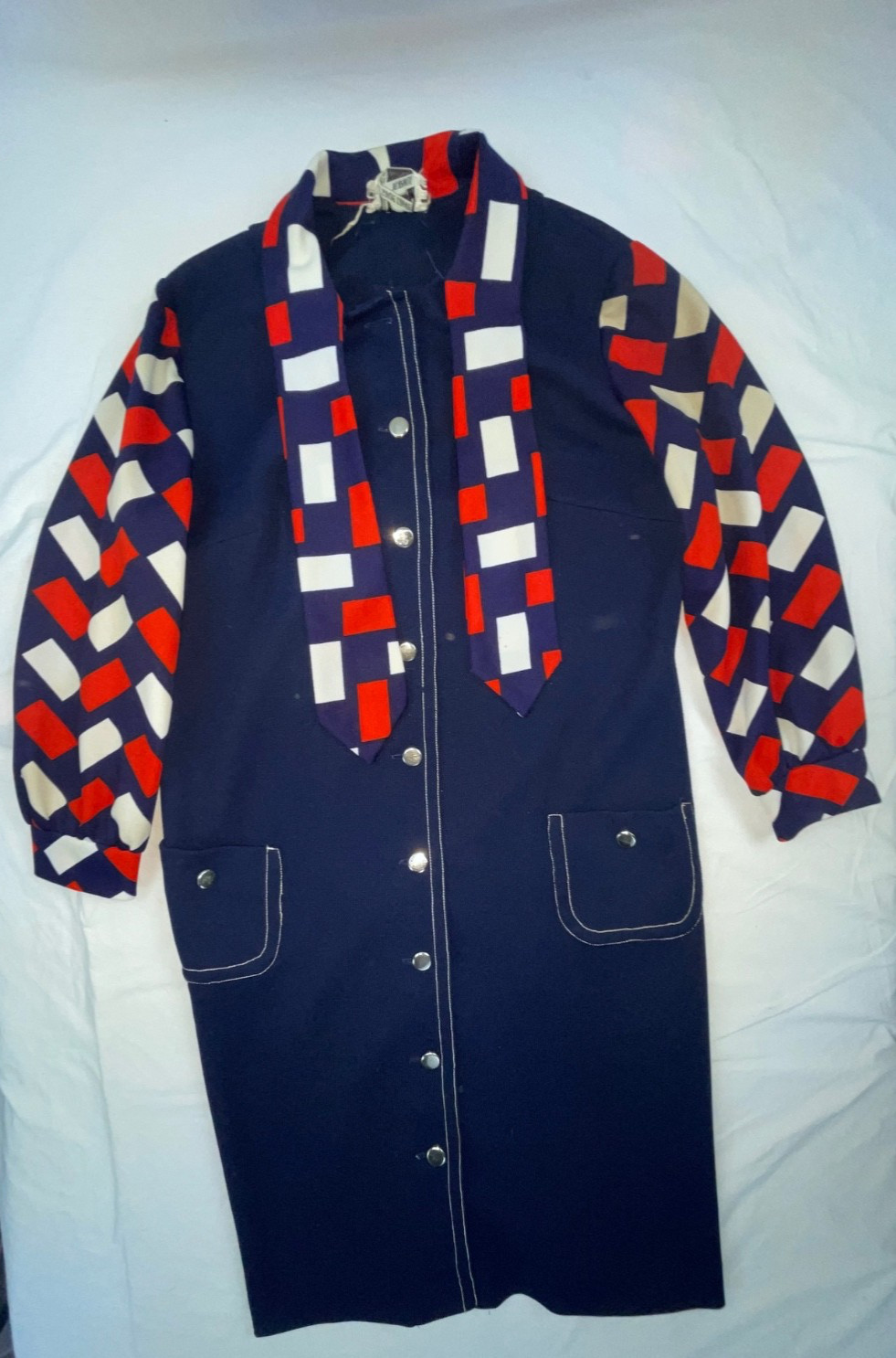 VTG 60S 70S WOMENS M BLUE RED WHITE DISCO MOD RETRO GOGO LONG SLEEVE SCARF DRESS