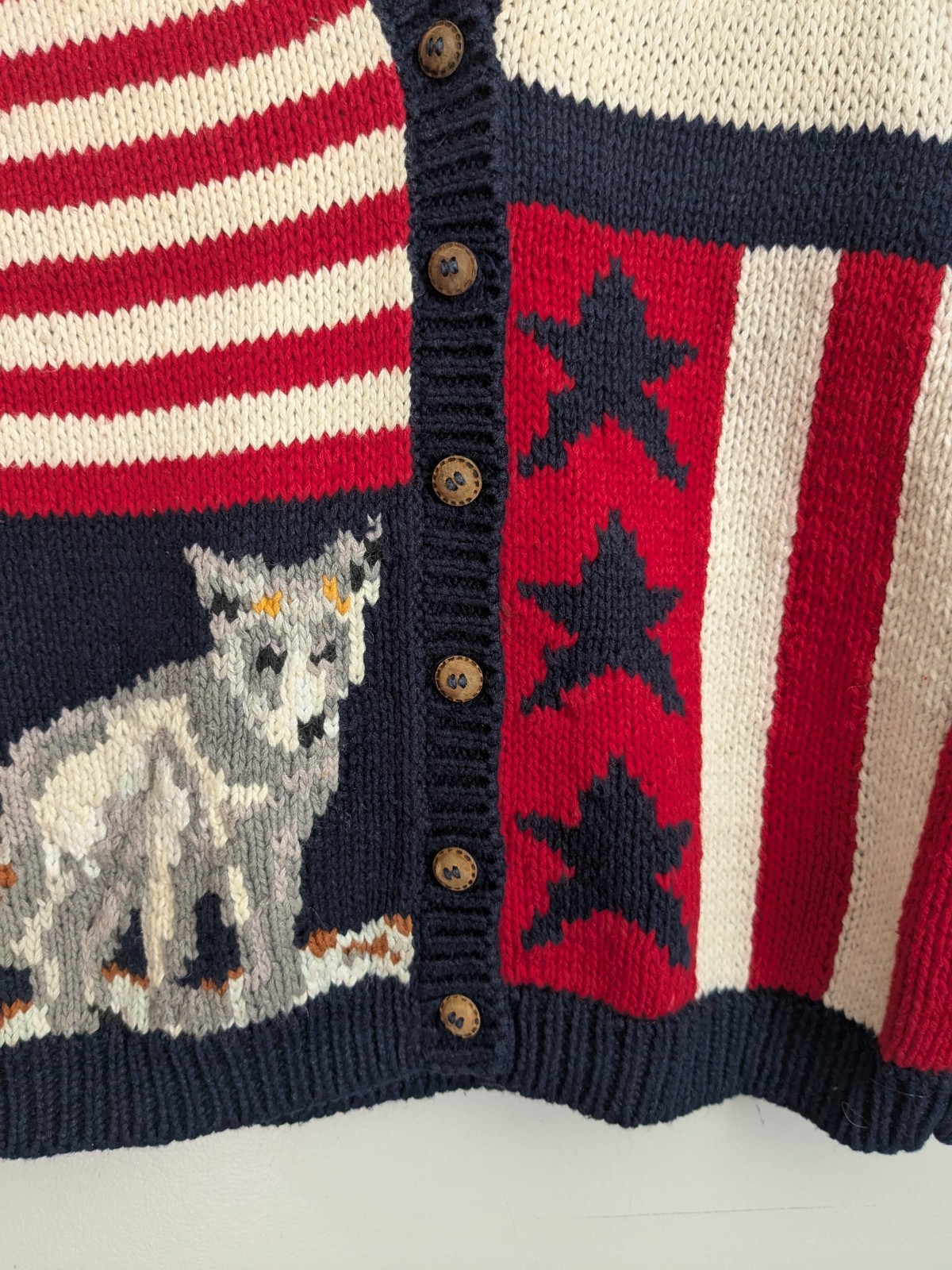 Vtg Eagles Eye Handknit Cotton Sweater Vest Patriotic USA Flag Eagle Womens S