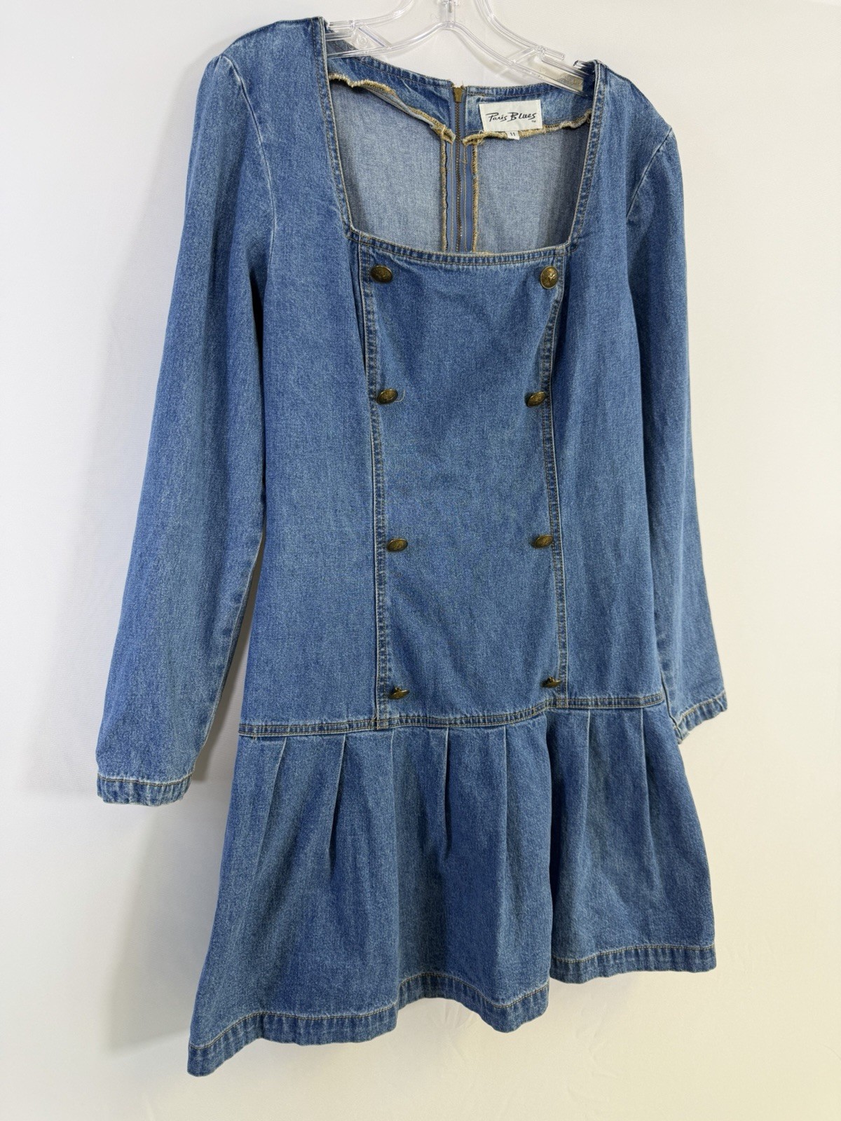 Vtg 90s Paris Blues Denim Dress Pleated Detail Skirt Button Sz 11 USA Grudge