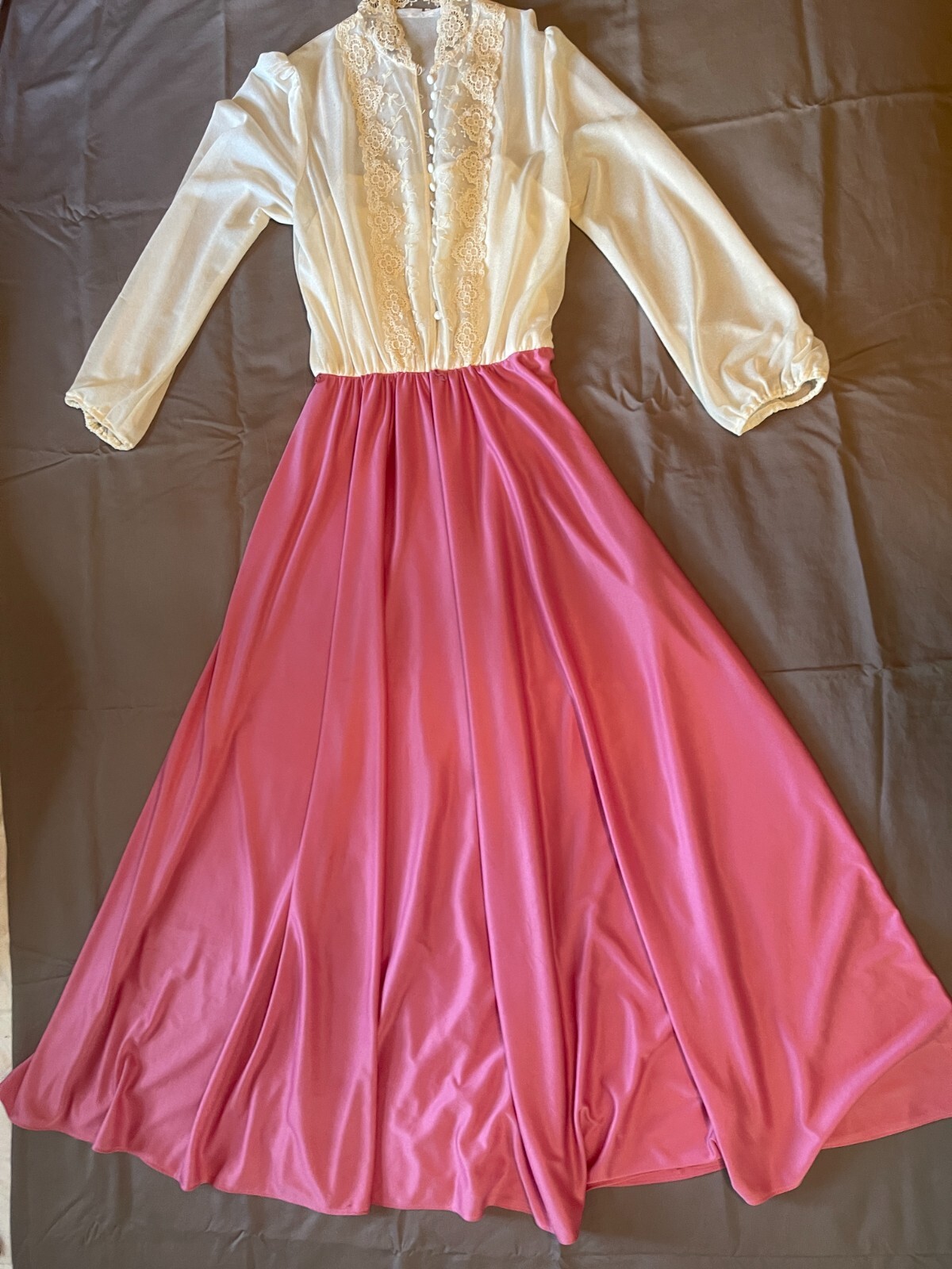 Vintage 1920s pink white Long sleeve sheer camisole long dress size S 57 in long