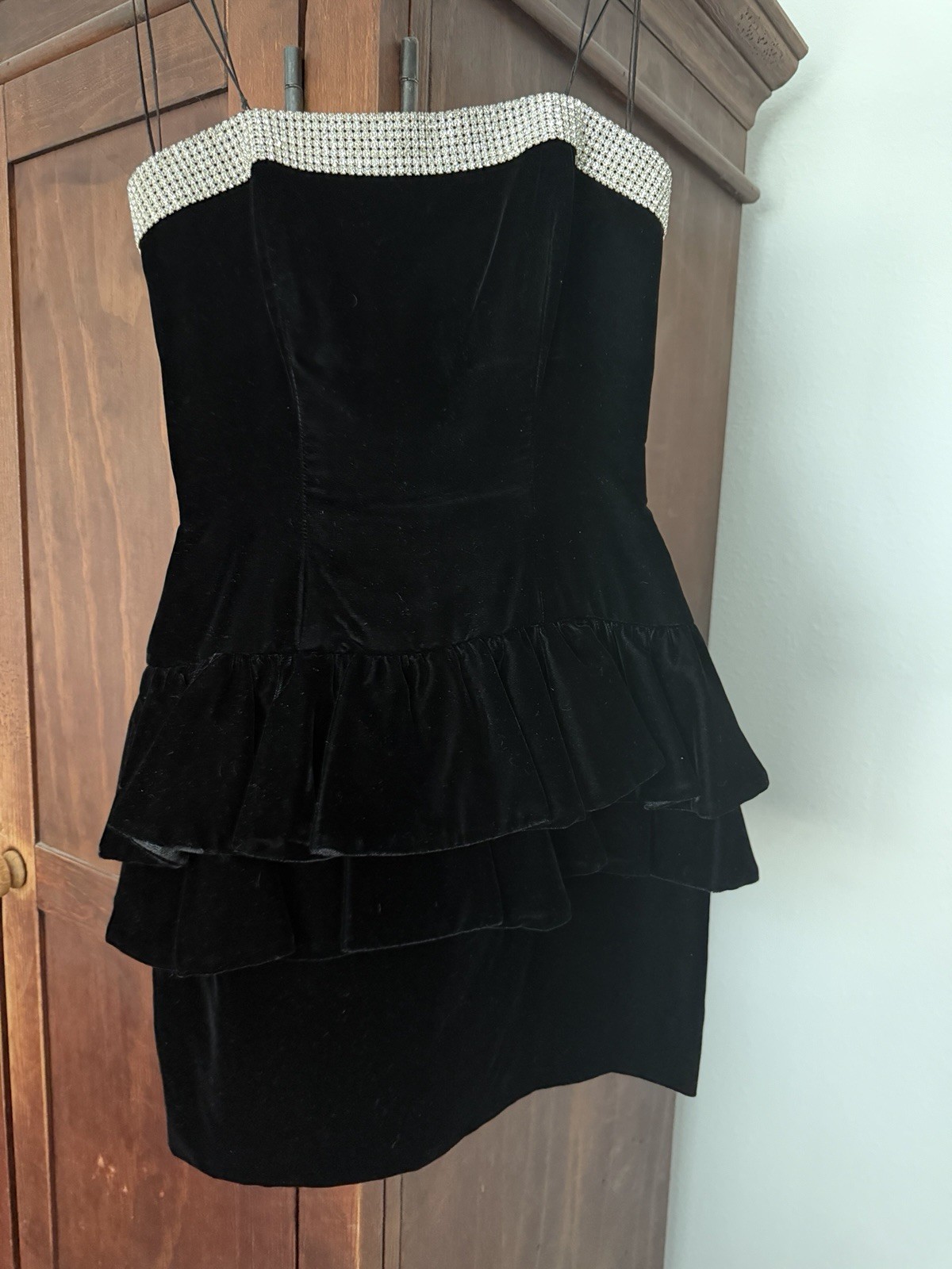 Women’s Vtg Strapless Black Velvet Dress Big Bow Rhinestones Size XS 80’s 90’s