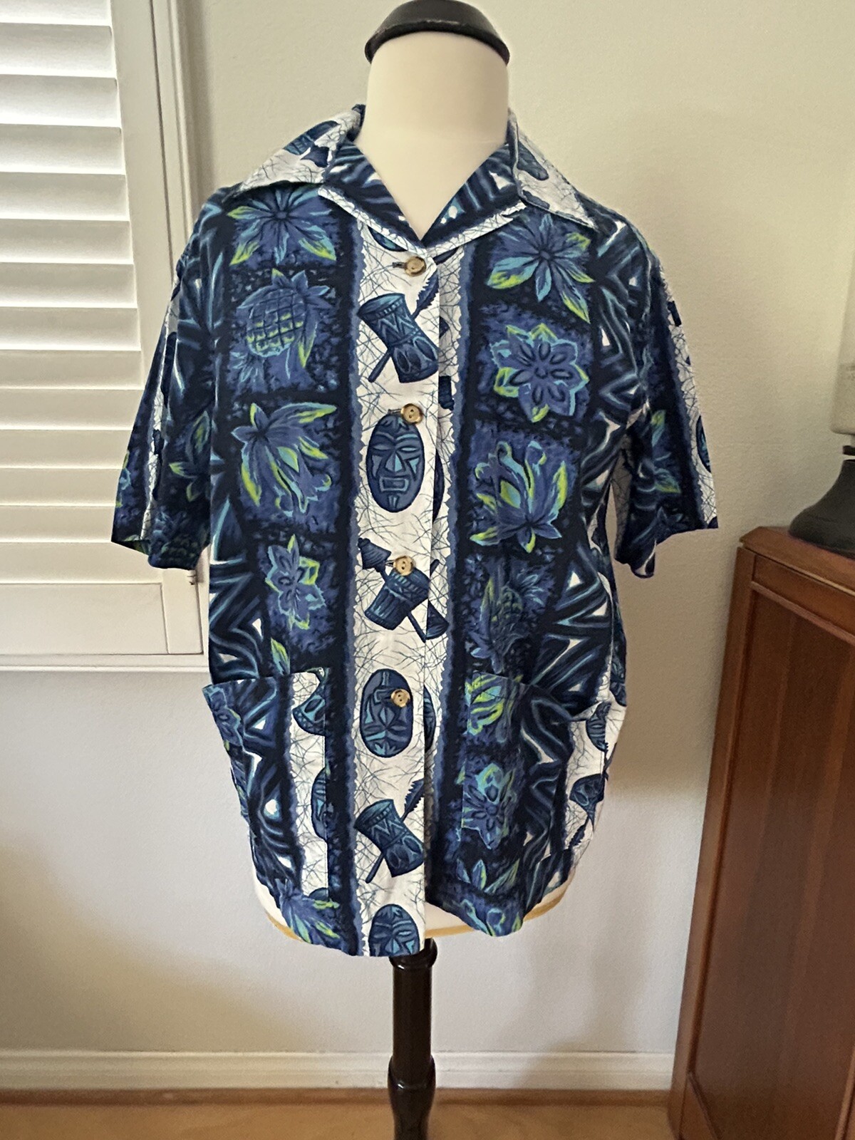 VINTAGE 60’S UI-MAI KAI COTTON HAWAIIAN TIKI WOMEN’S BLOUSE MEDIUM