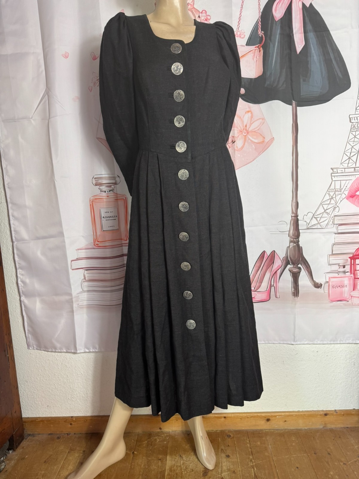 Vintage Wenger Dress Costume Dirndl Military Buttons Linen Wool 36 38