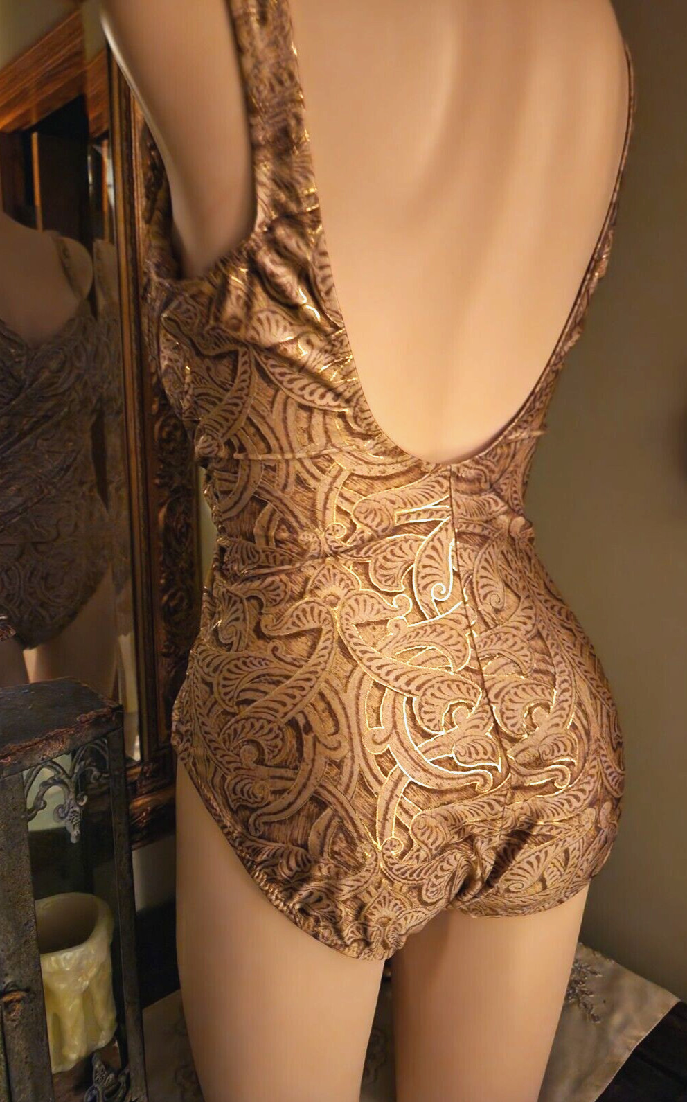 Vtg Gottex Metallic Gold SeaShell Shine Print Ruched PinUP Swimsuit Sz 12 L