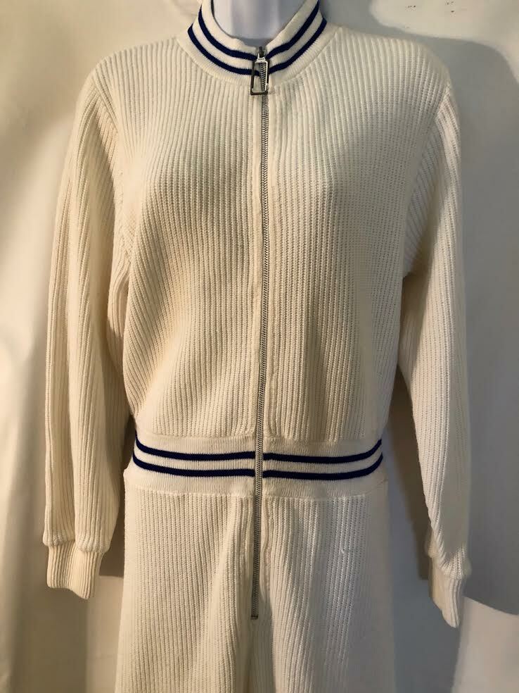 Neiman Marcus Vtg 80s one piece white and navy acrylic zipper sweater jumpsuit S