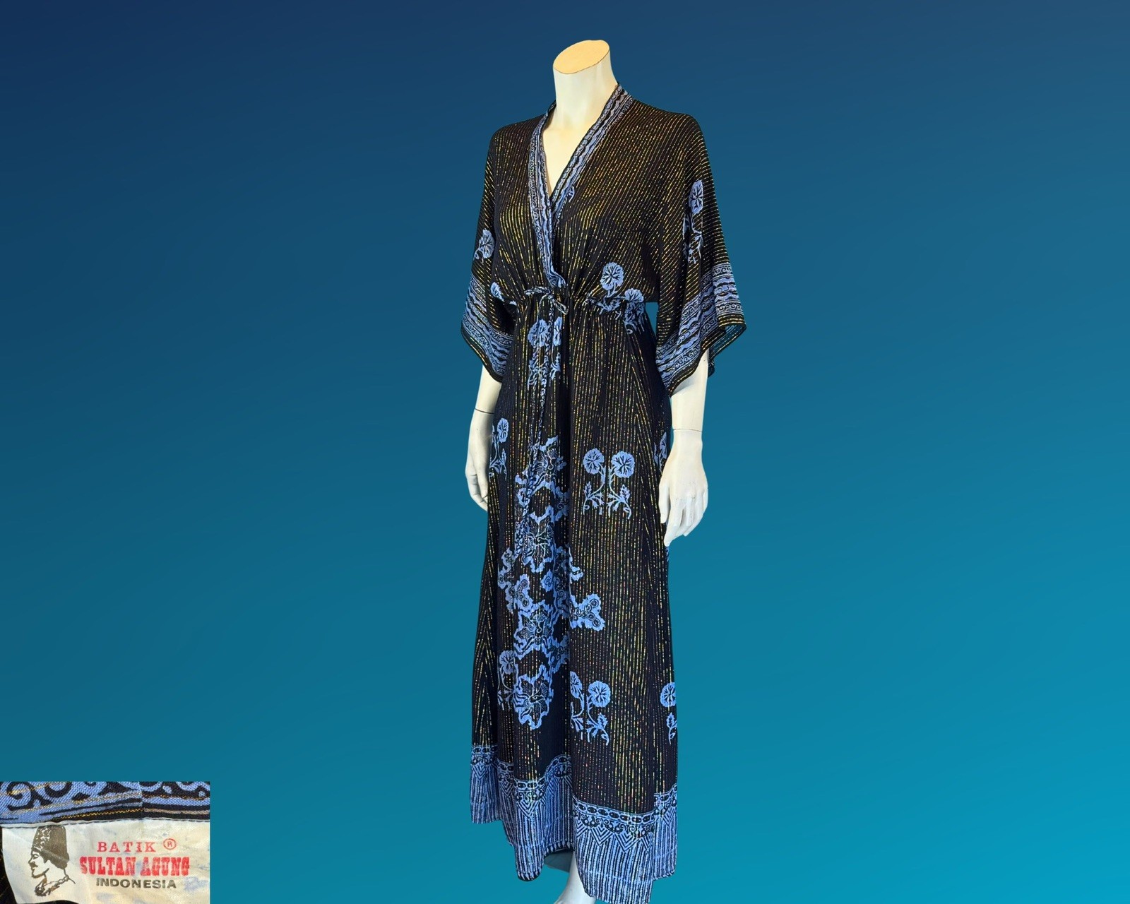 90s Gold Metallic Stripe Black and Blue Rayon Kaftan Dress | S M