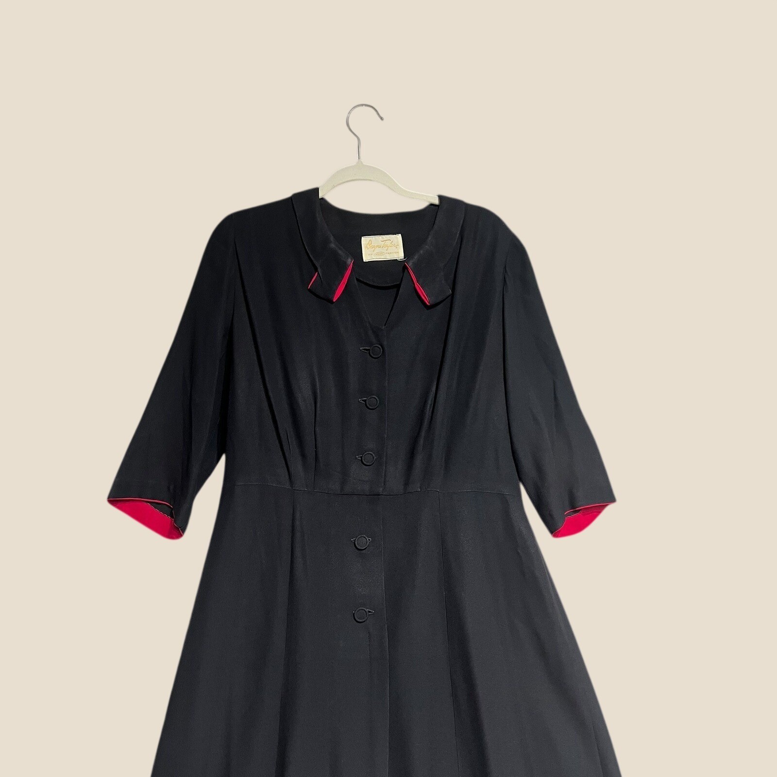 Vintage 1950s Rogers Taylor Navy Blue Fuchsia Pink Trim Fit Flare Dress Mid-Mod
