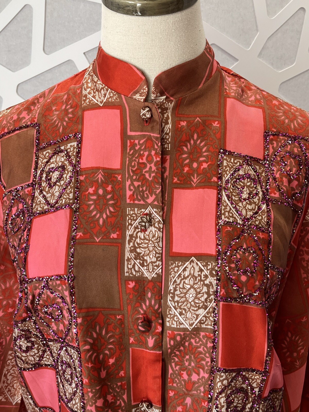 Vintage 60s 70s Fashioned by Gregory pink & brown shirt glitter women’s L