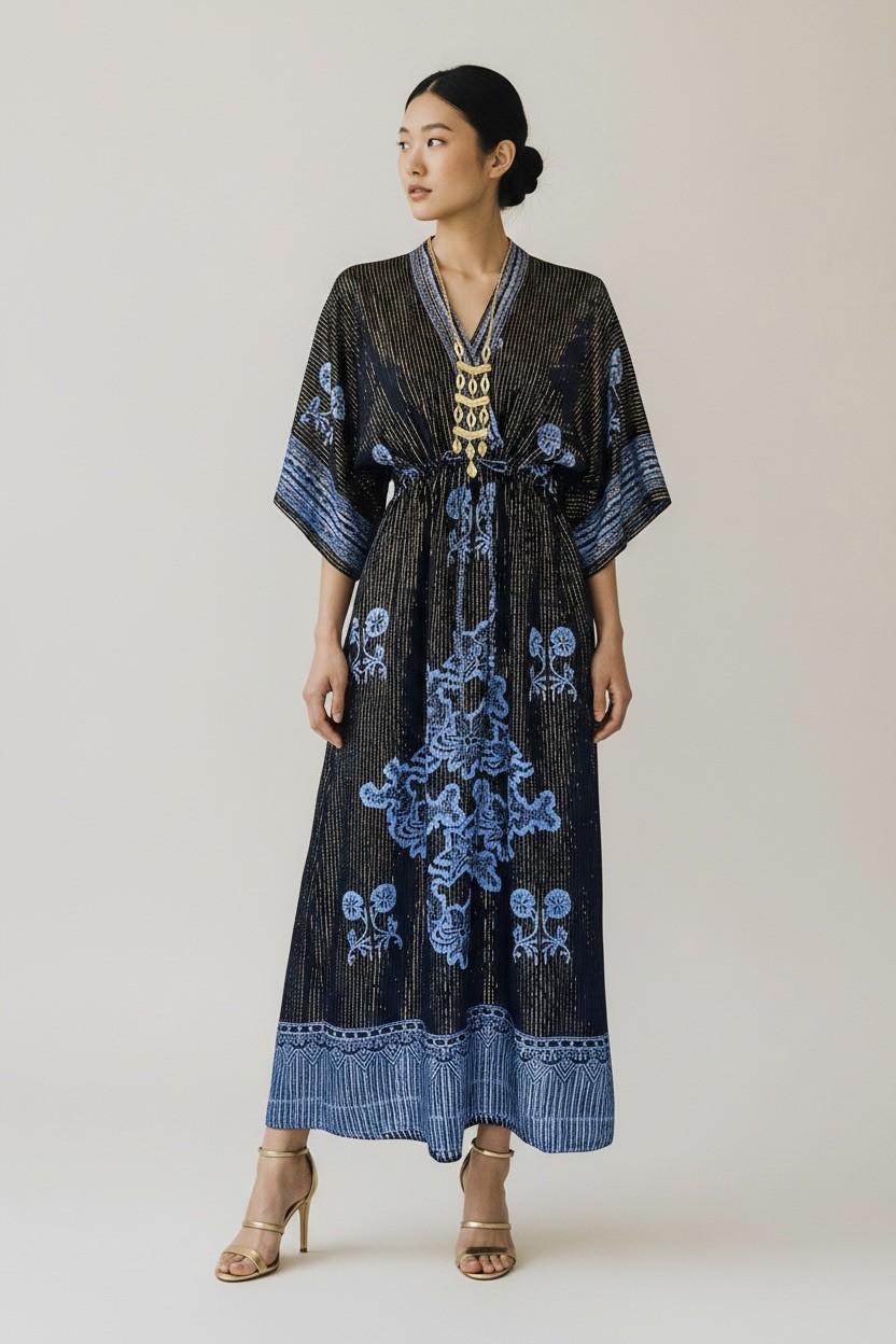 90s Gold Metallic Stripe Black and Blue Rayon Kaftan Dress | S M