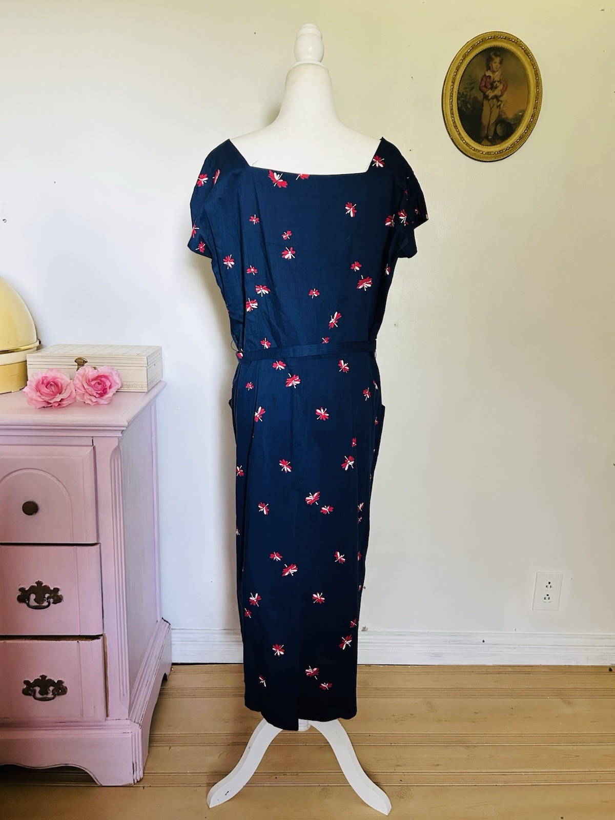 VTG 40s 50s Peg Top Cotton Sundress Bolero Set Navy Day Dress Metal Zip 36W XL