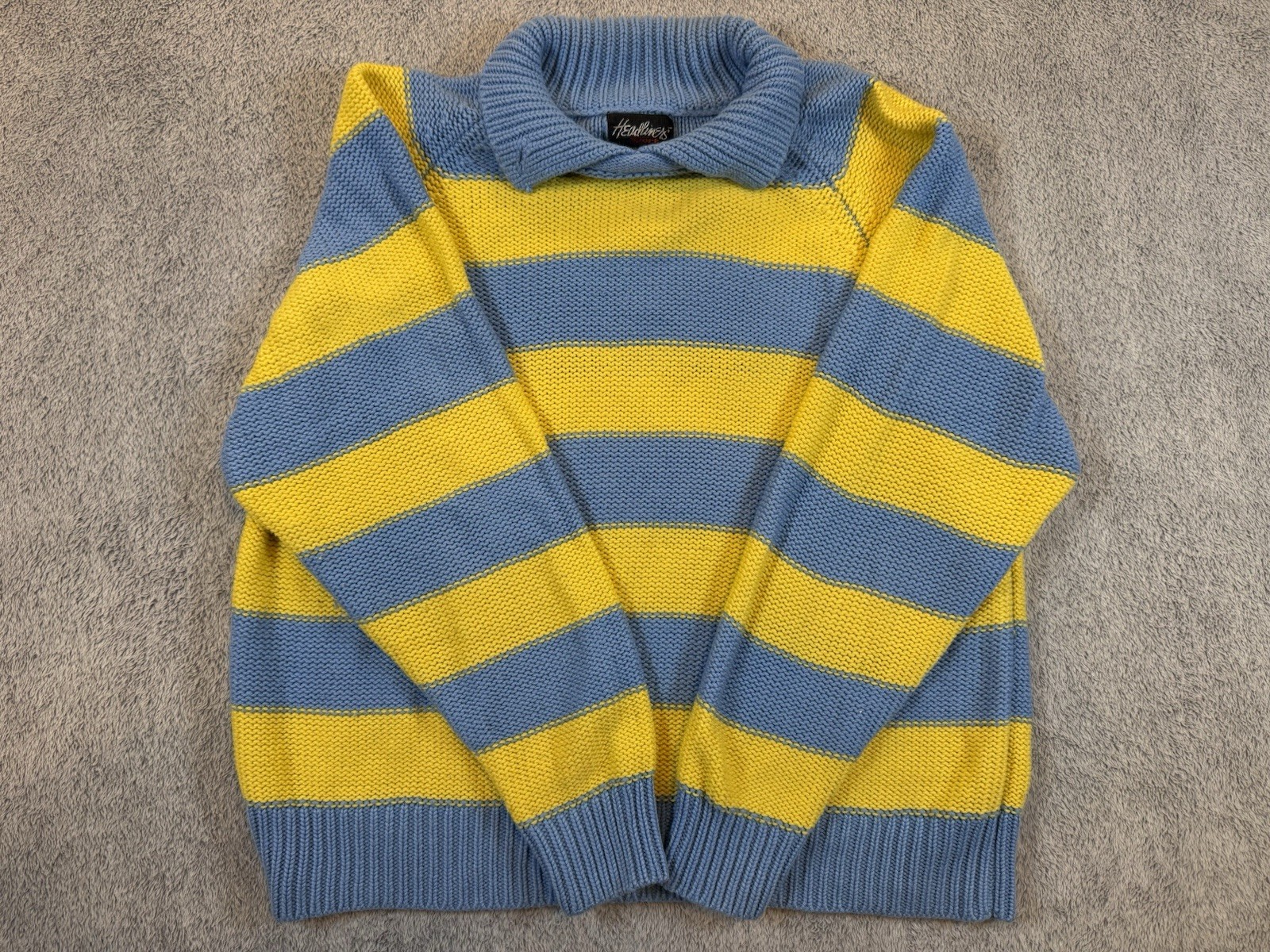 Vintage 80s Acrylic Knit Sweater L Collared Yellow/Blue Striped Headliners Sport