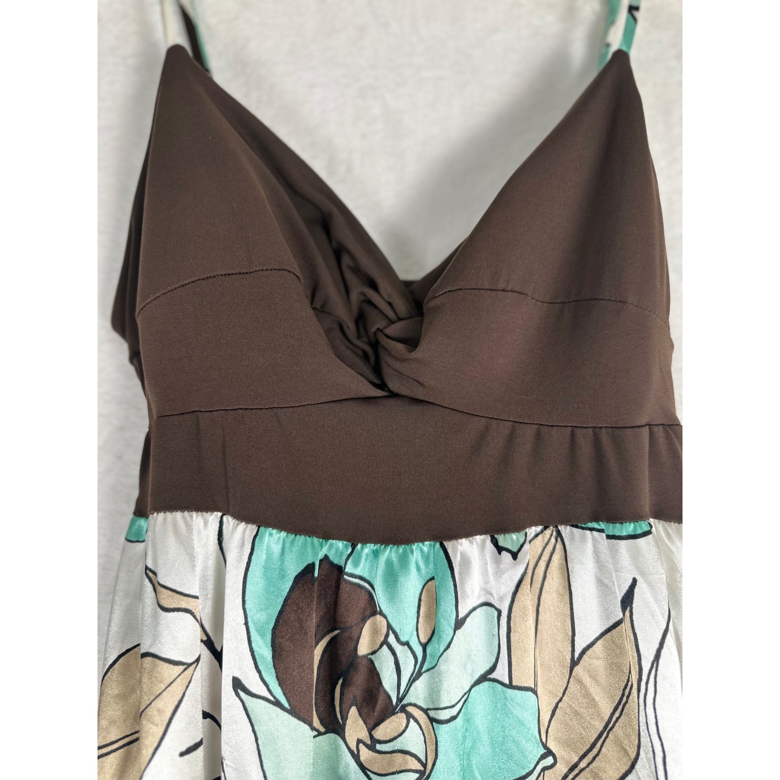 Candie’s Y2K Floral Maxi Dress XL Brown Aqua Empire Waist Satin 2000s Boho Indie