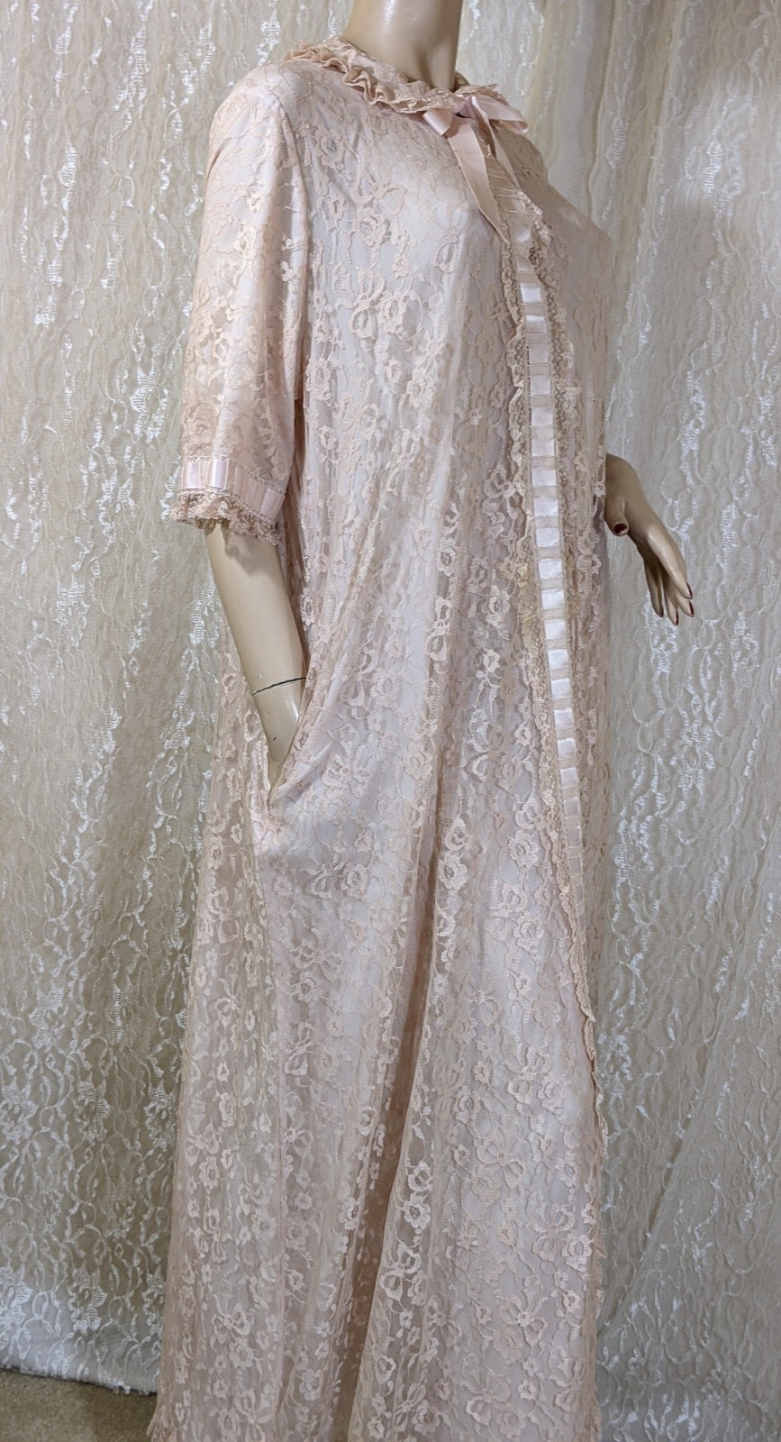 VTG Odette Barsa Lace Overlay Pocket Pink Peter Pan Collar Dressing Gown Robe L