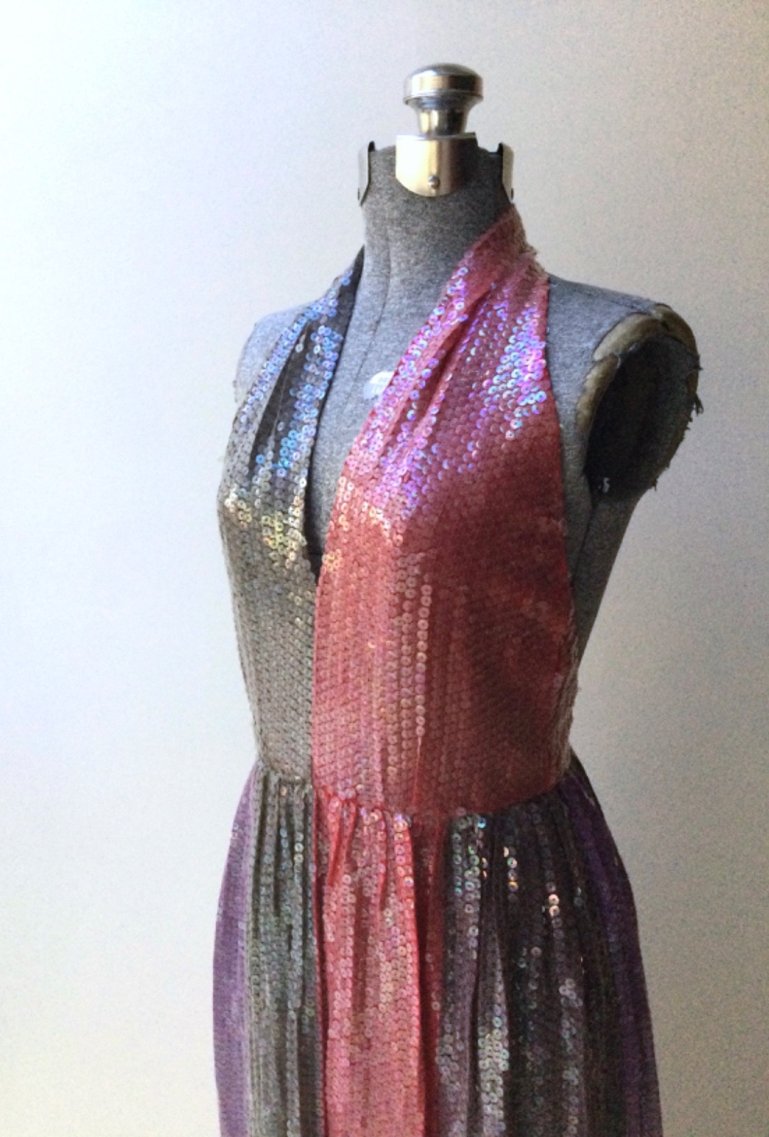 Vintage 1970’s Bill Blass Colorblock Silk and Sequin Halter Gown