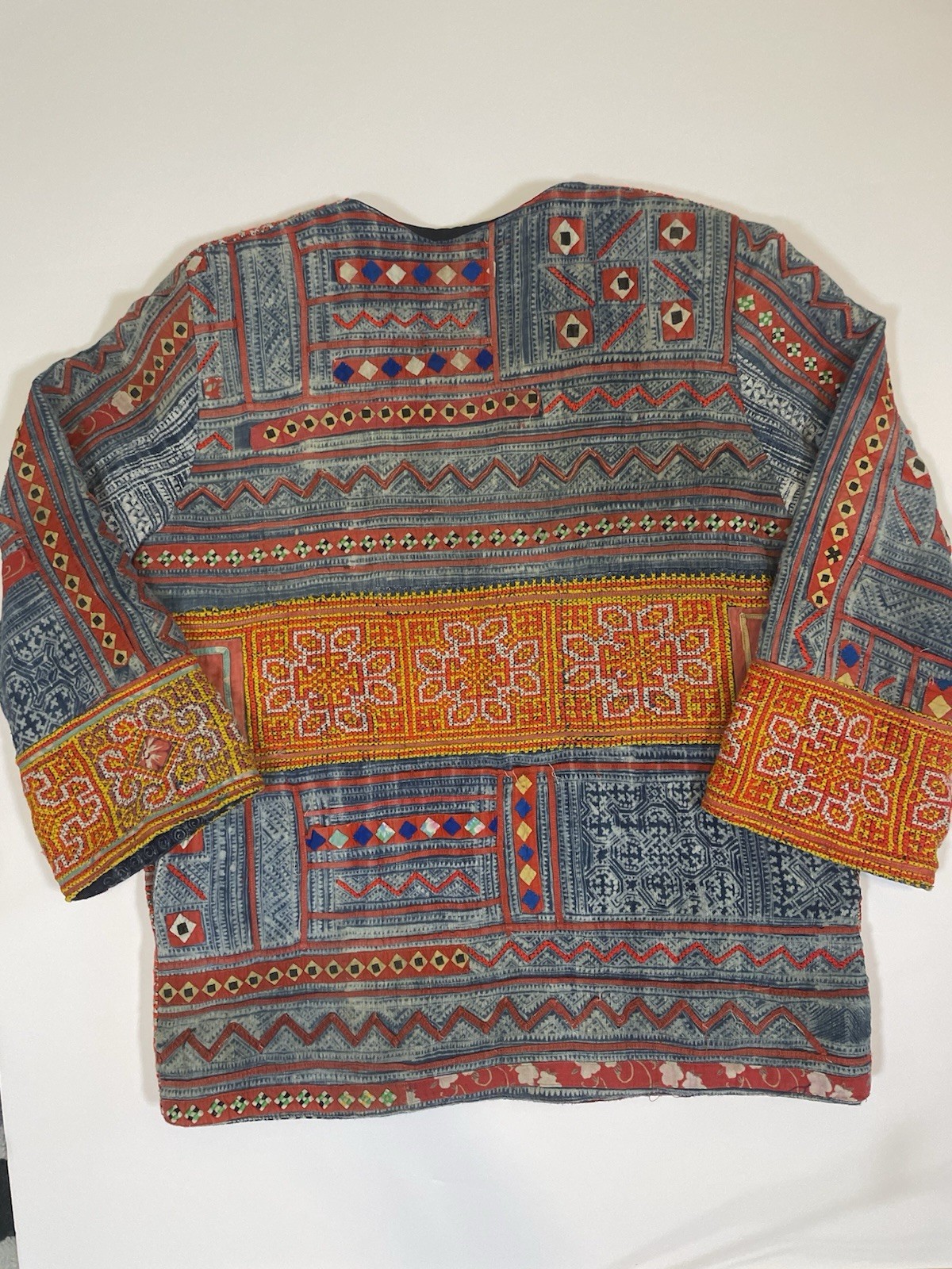 Vintage Hmong Style Embroidered Jacket Boho Ethnic Artisan Indigo Print XL