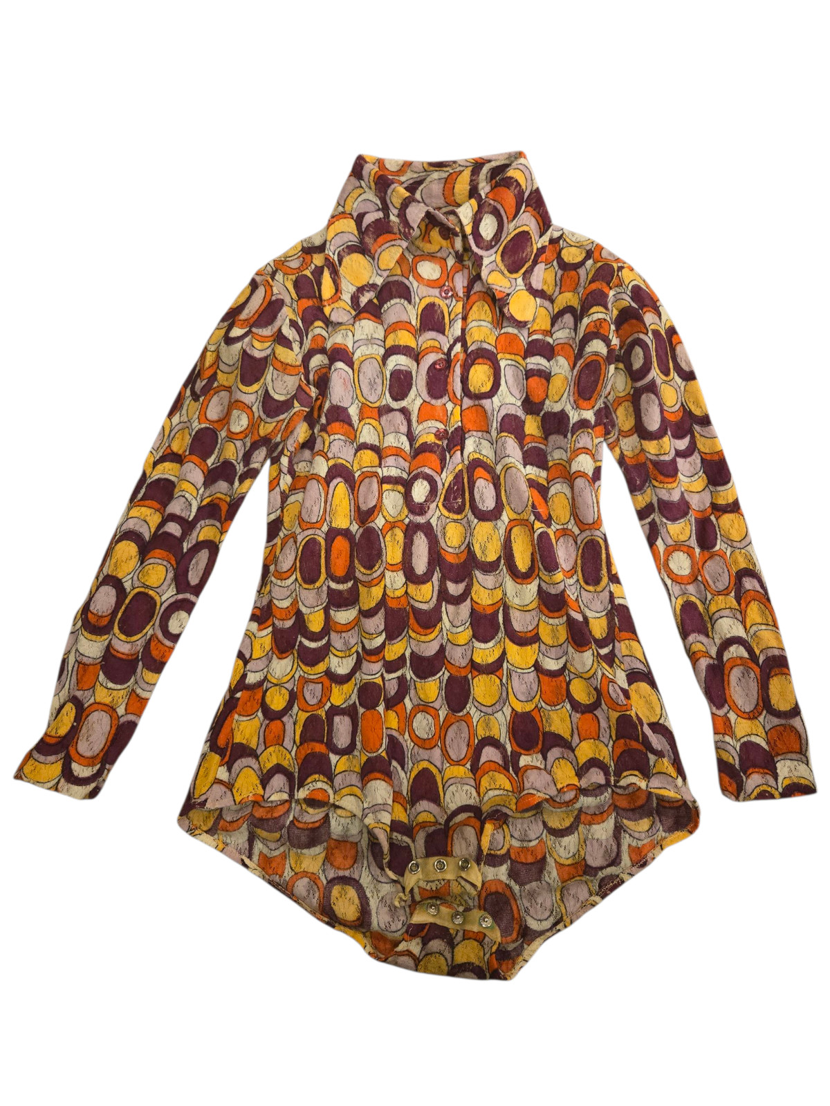 70s bodysuit with dagger collar gvc with snaps geometric funky design womens