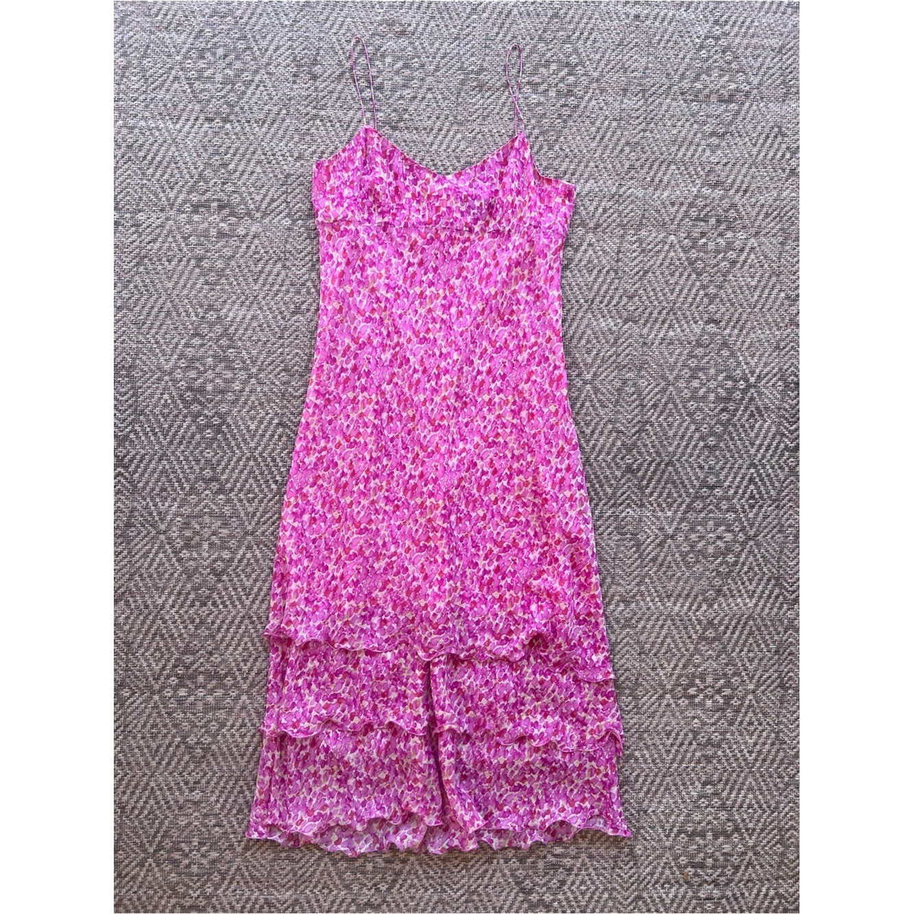 Vintage Ann Taylor 100% Silk Floral Midi Dress Pink Purple Tiered Slip Dress Siz