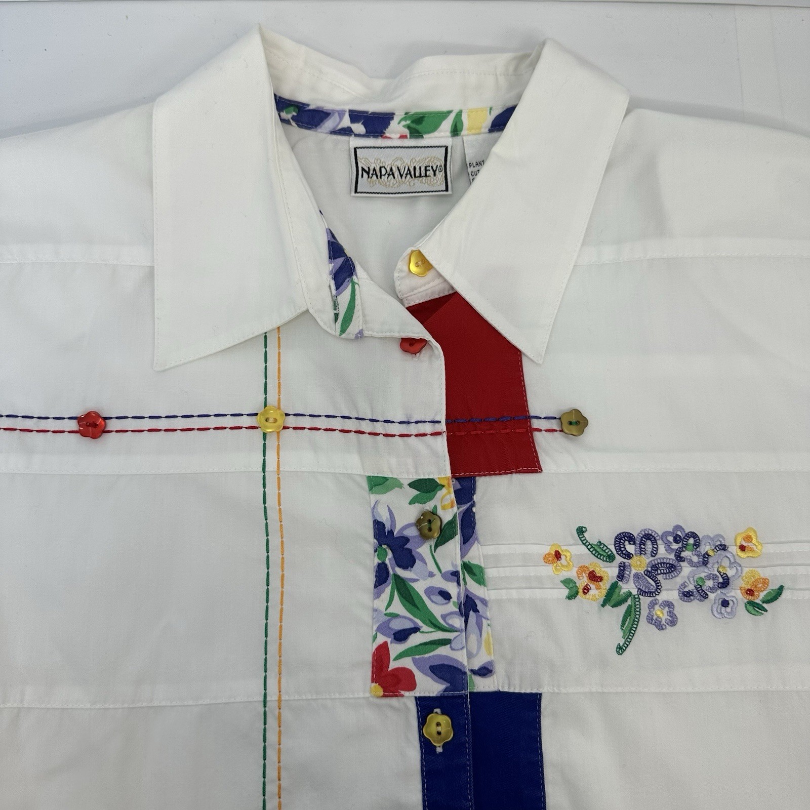 VTG Napa Valley Womans Embroidered Patchwork Blouse Spring Button Up XL READ