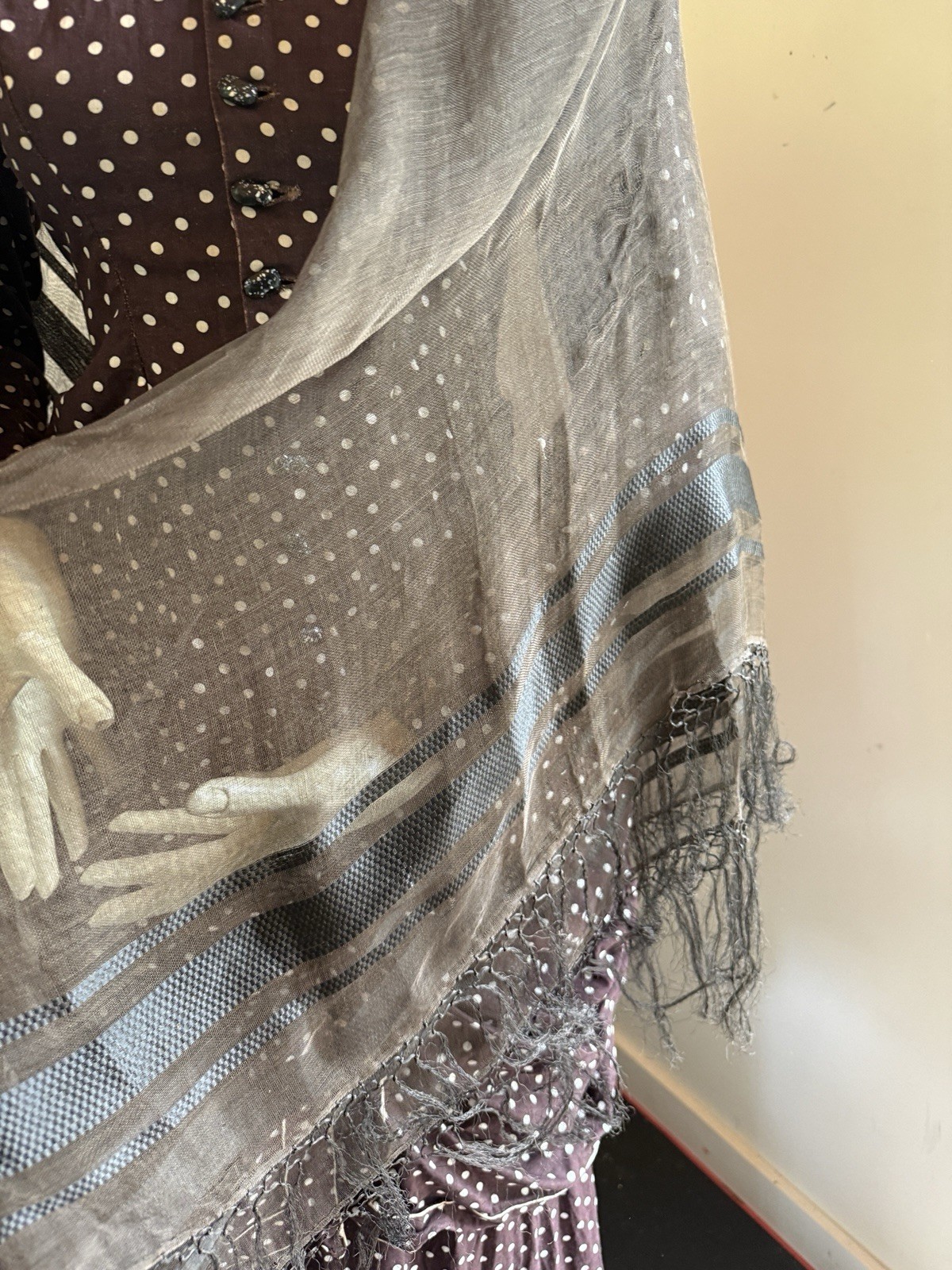 ANTIQUE 1860 CIVIL WAR ERA SHEER SILK FRINGED SHAWL WITH RIBBON WEAVE DETAIL