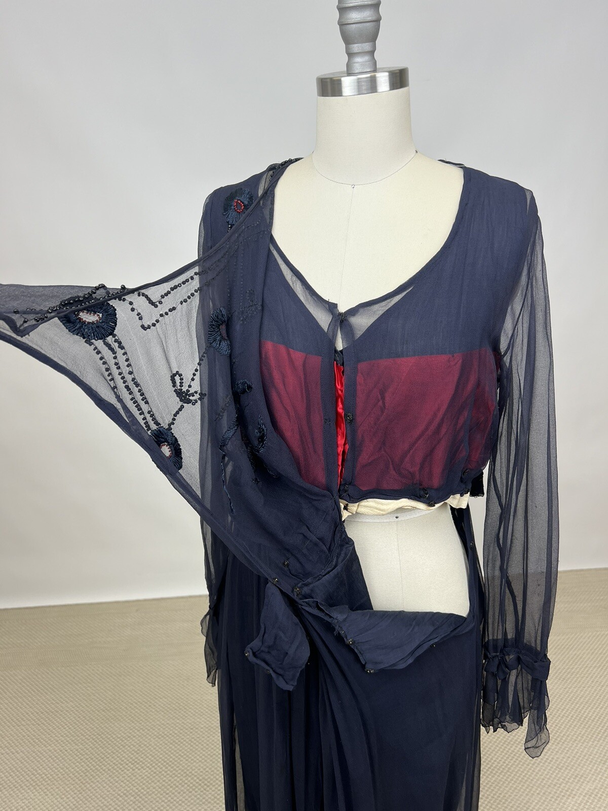 Antique 1910s 1920s Navy Blue Silk Chiffon Dress Floral Embroidery Beading AS IS