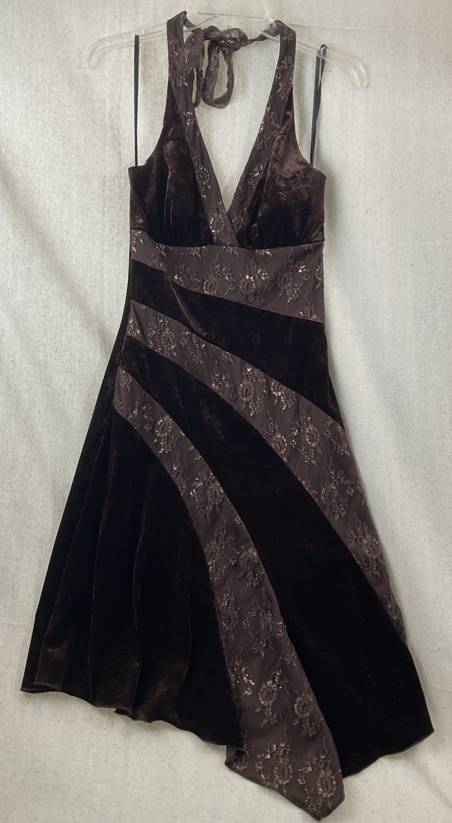 Vintage Womens La Belle brownHalter Midi Dress goth Velvet Floral