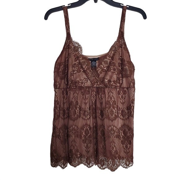 Vintage Y2K Chocolate Brown Floral Lace Sheer Cami Romantic Fairy Goth Top Lg
